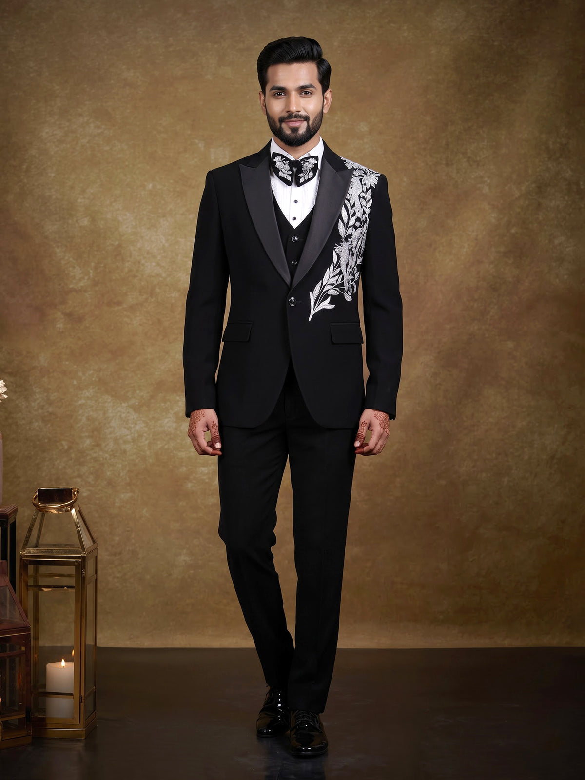 Black terry rayon tuxedo suit with floral cutdana embroidery