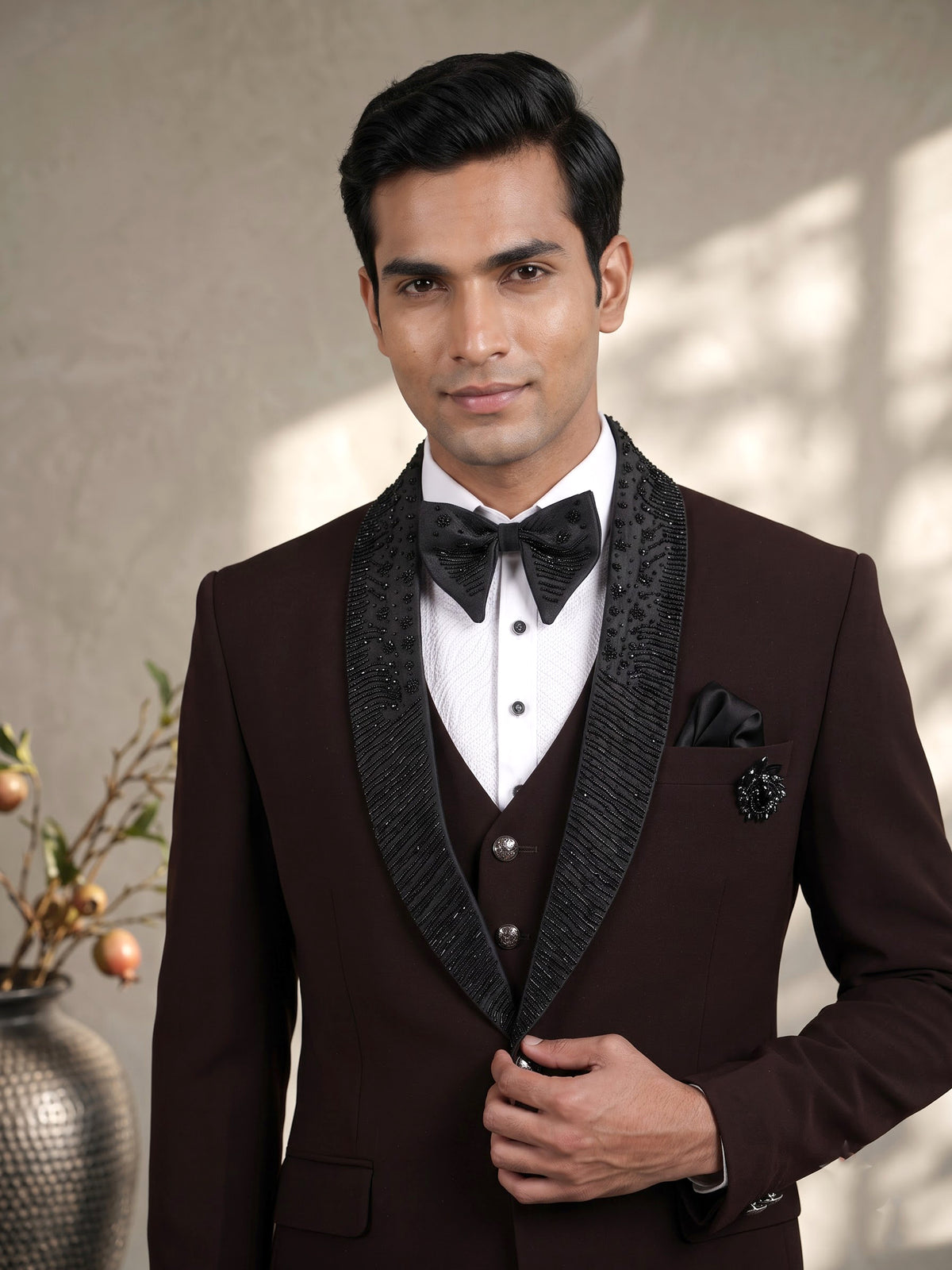 Dark wine terry rayon tuxedo suit with embellished black shawl lapel