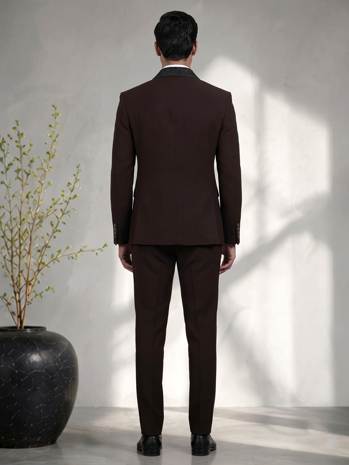 Dark wine terry rayon tuxedo suit with embellished black shawl lapel