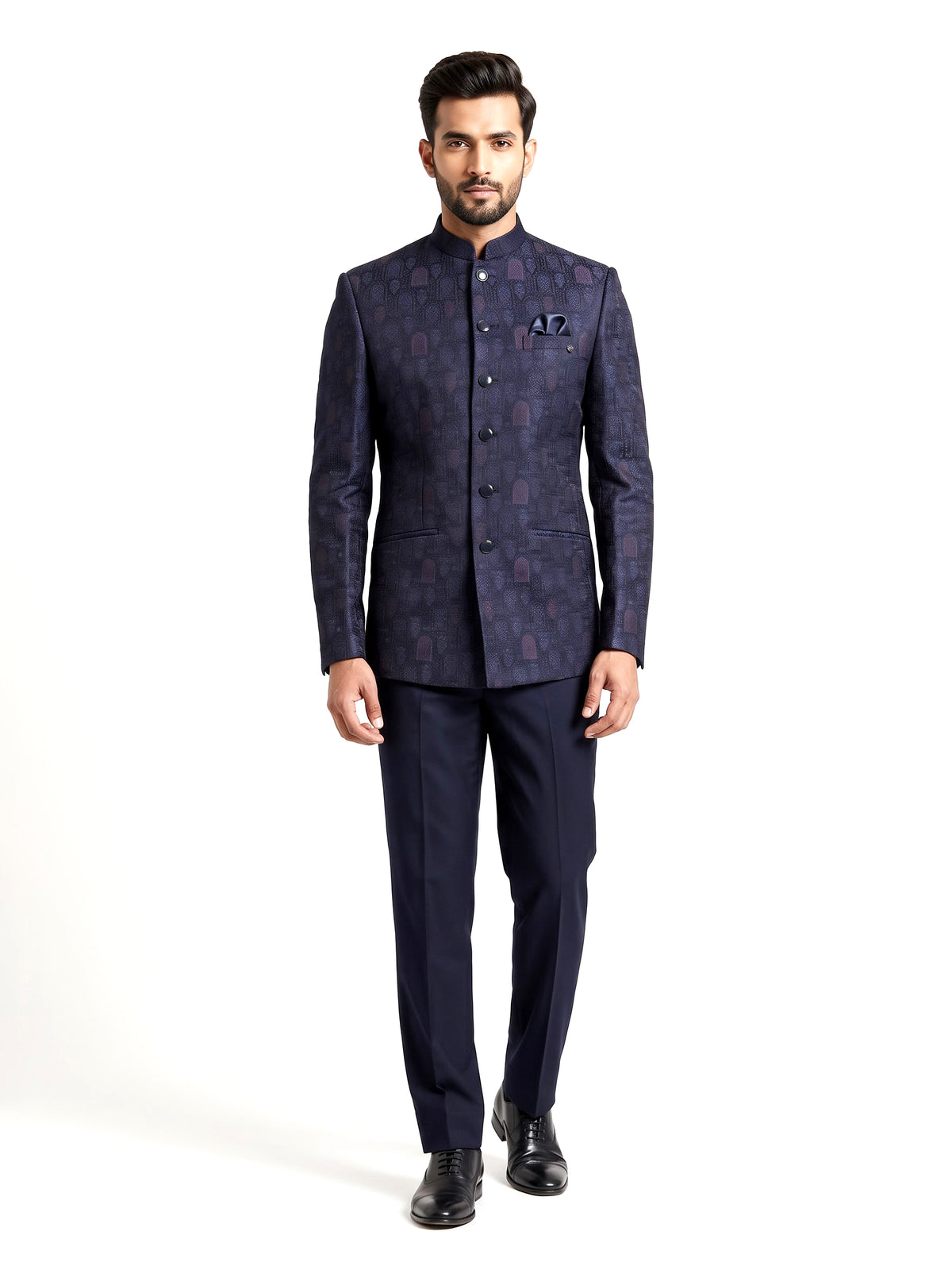 Midnight navy jacquard Jodhpuri suit with royal jharokha motif