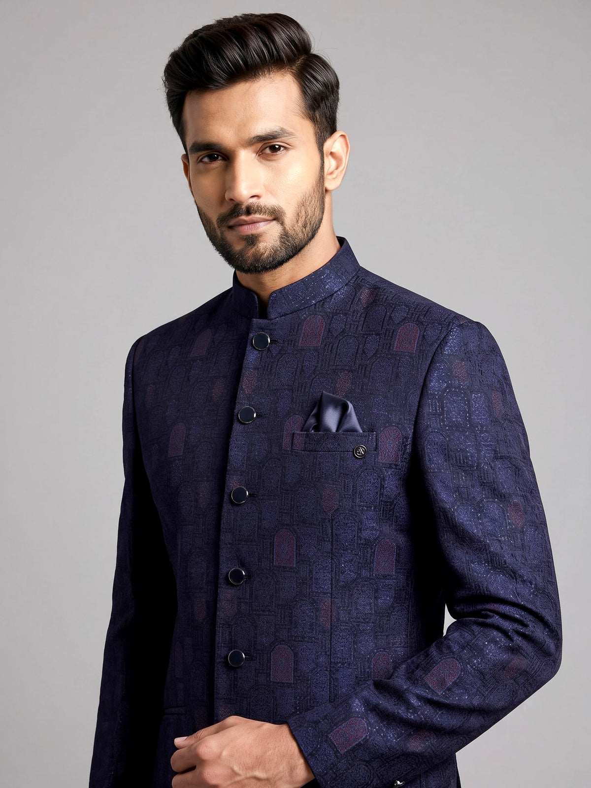 Midnight navy jacquard Jodhpuri suit with royal jharokha motif