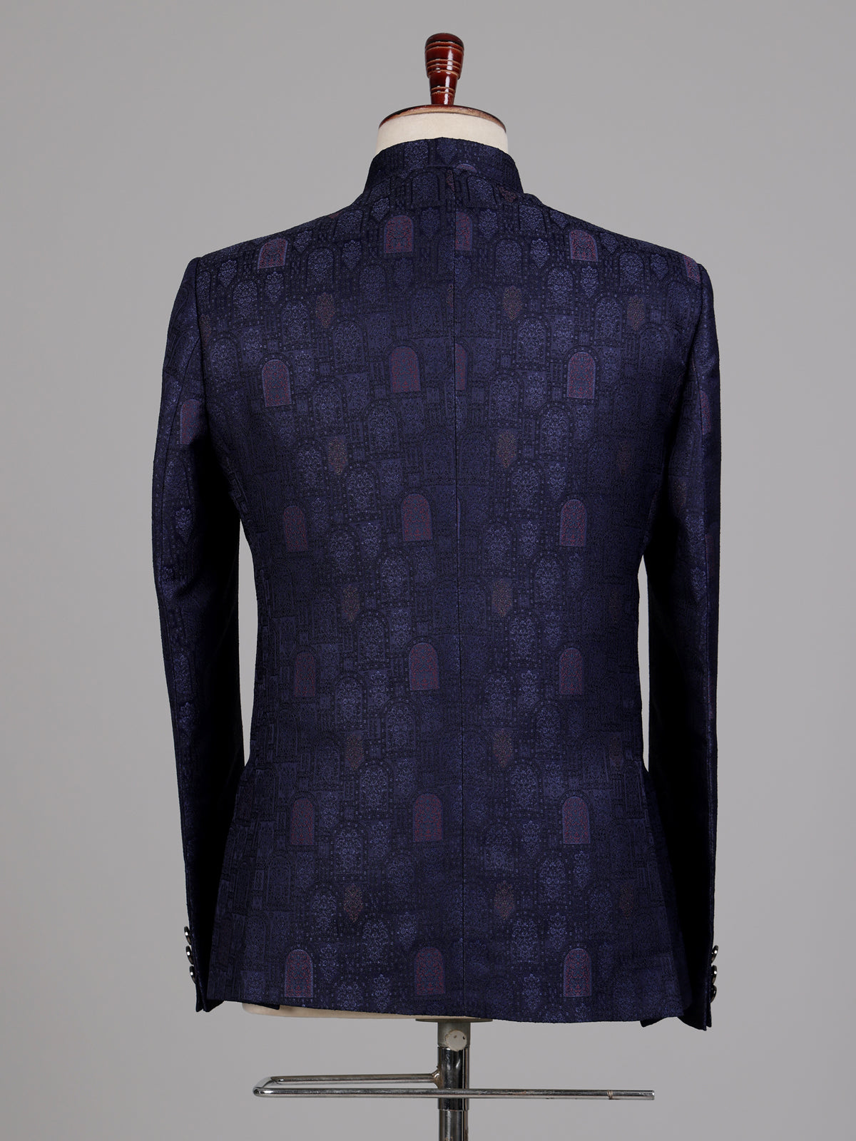 Midnight navy jacquard Jodhpuri suit with royal jharokha motif