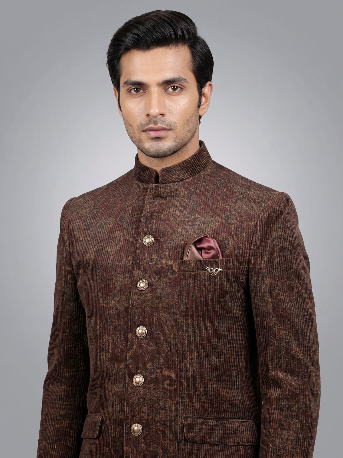 Coffee brown velvet Jodhpuri suit with regal paisley detailing