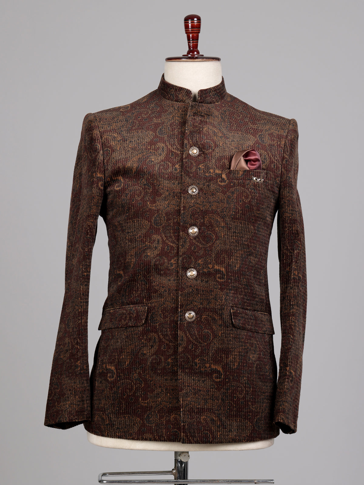Coffee brown velvet Jodhpuri suit with regal paisley detailing