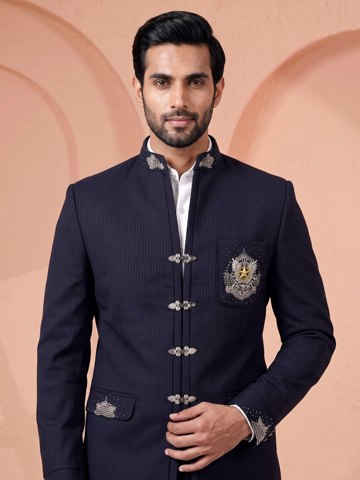 Midnight navy Jodhpuri suit with silver crest embroidery