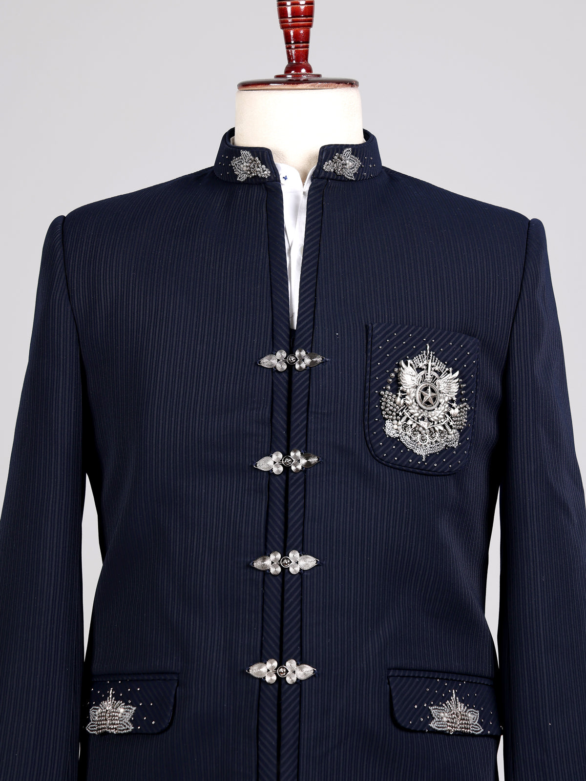 Midnight navy Jodhpuri suit with silver crest embroidery