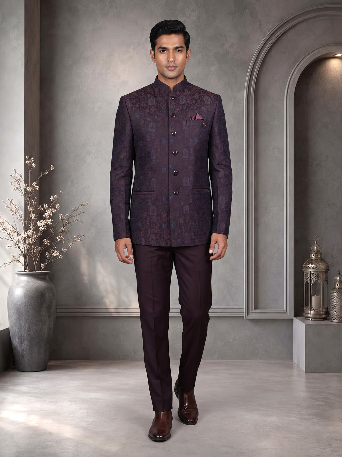 Regal blue Jodhpuri suit with brocade jharokha pattern