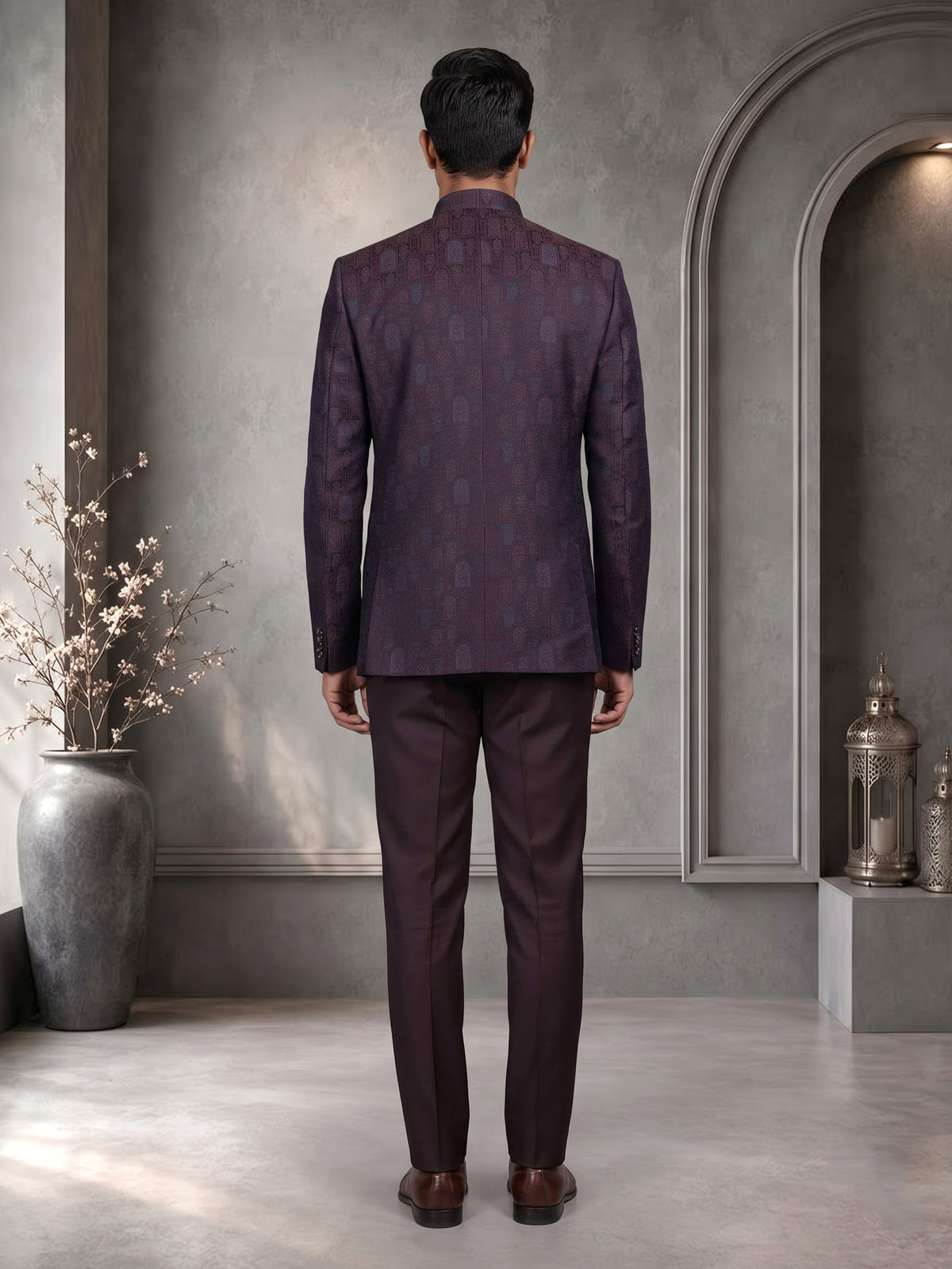 Regal blue Jodhpuri suit with brocade jharokha pattern