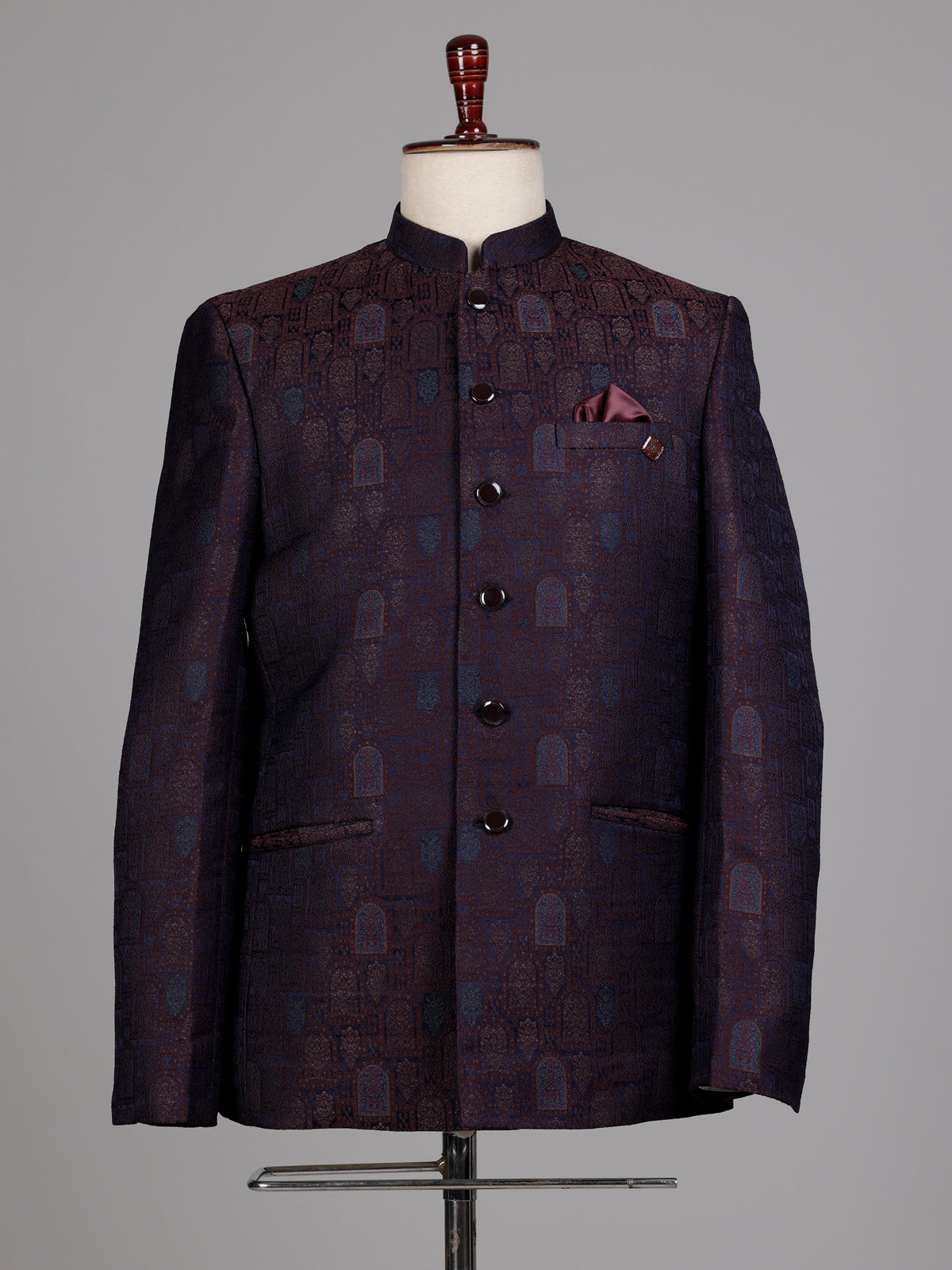 Regal blue Jodhpuri suit with brocade jharokha pattern