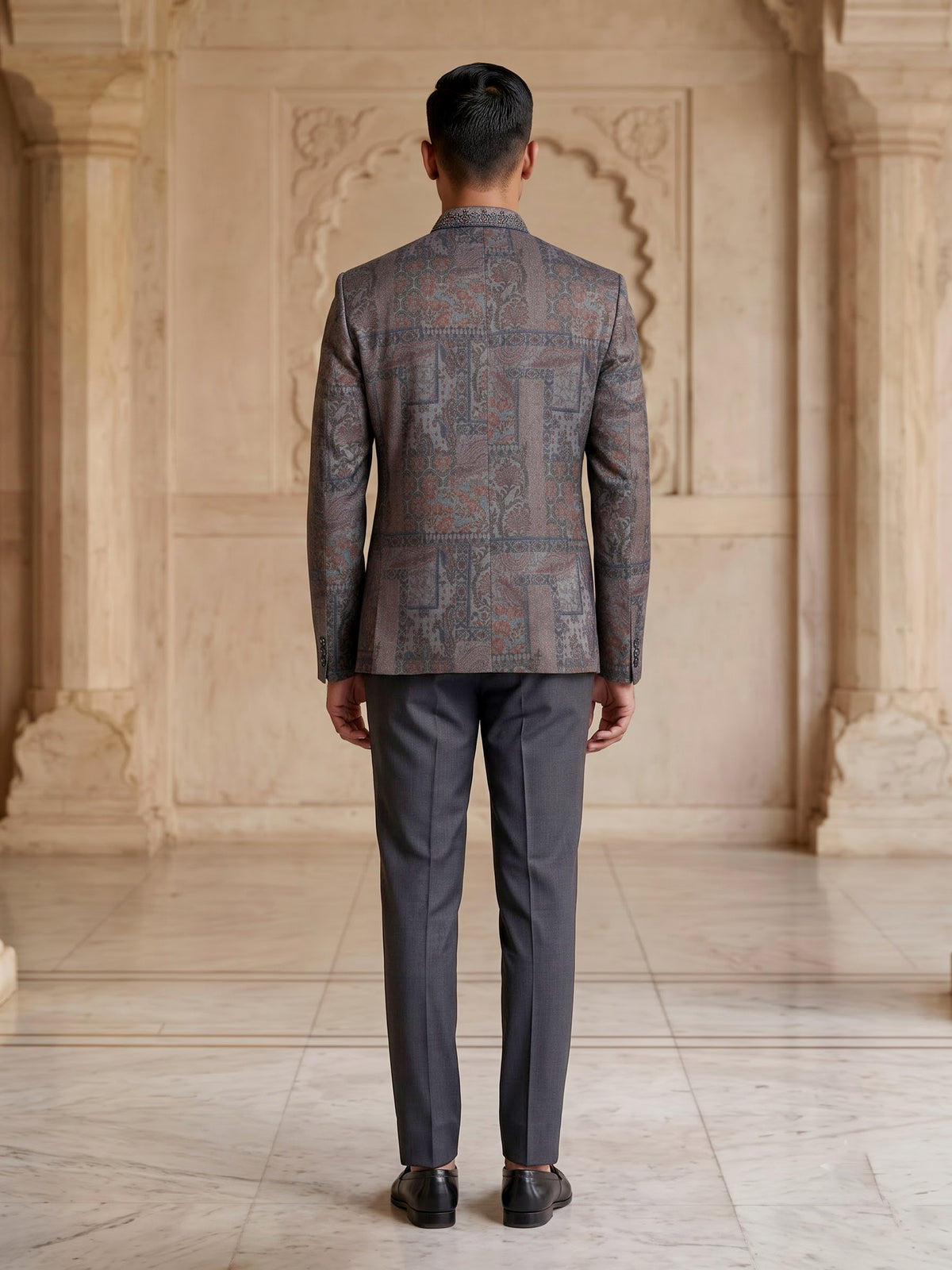 Charcoal grey Jodhpuri suit with paisley jacquard