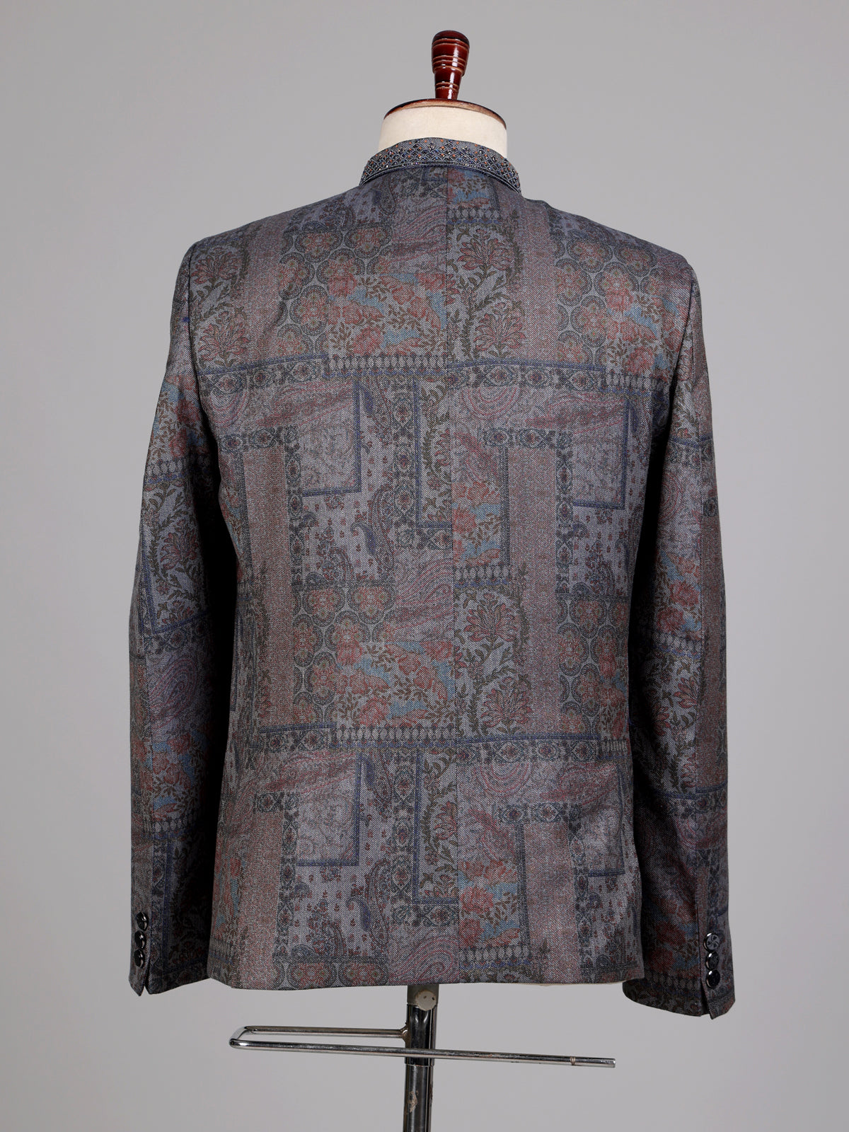 Charcoal grey Jodhpuri suit with paisley jacquard
