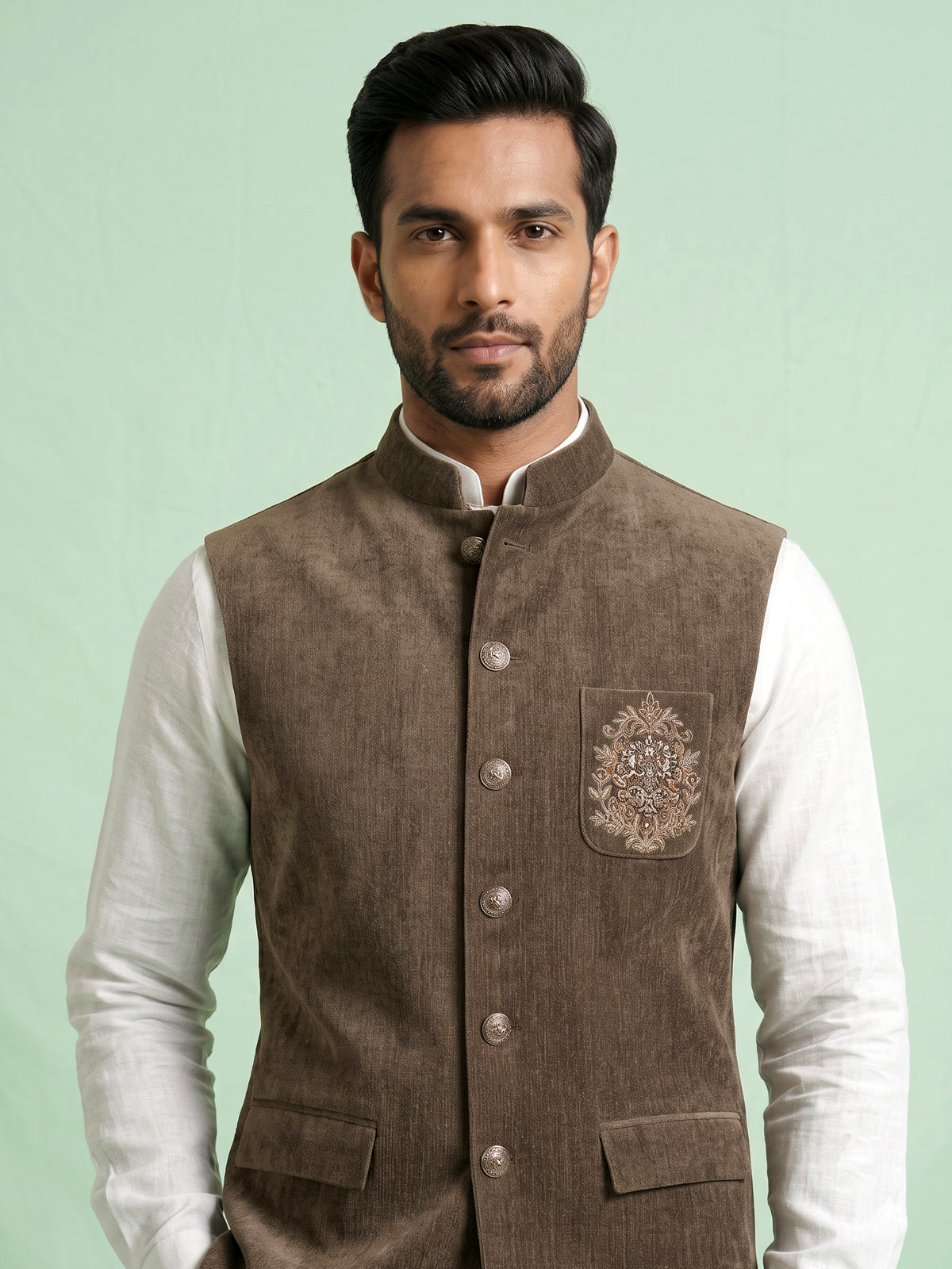 Olive brown Nehru waistcoat with antique floral crest embroidery