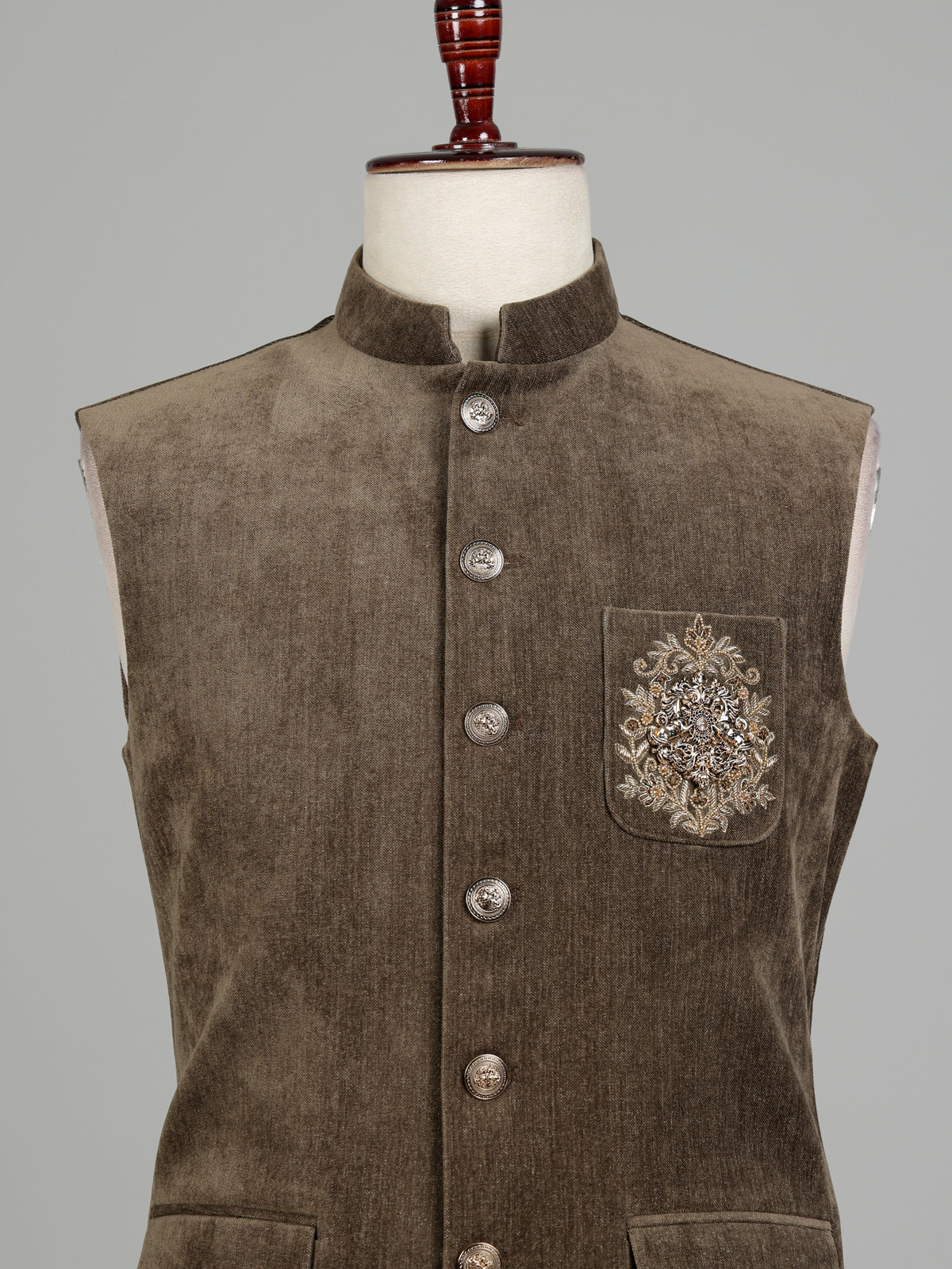 Olive brown Nehru waistcoat with antique floral crest embroidery