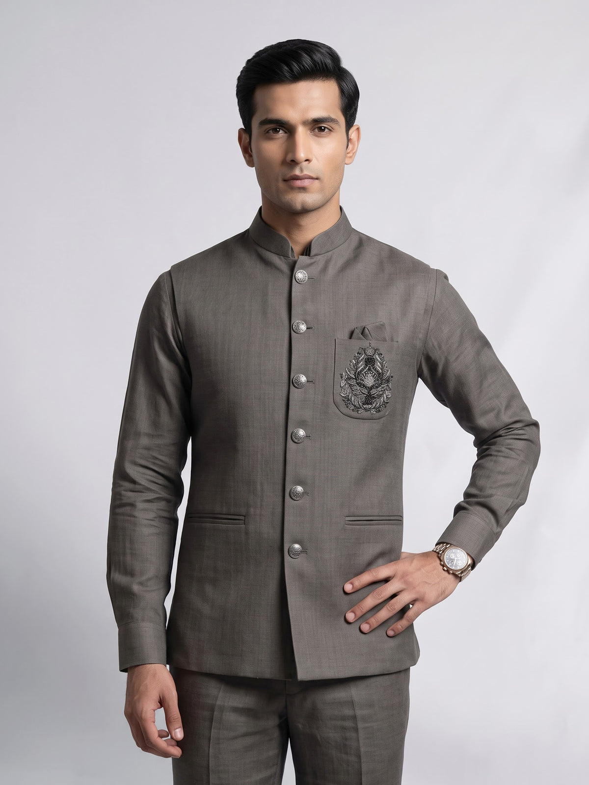Slate grey ethnic waistcoat set with silver zardozi embroidery