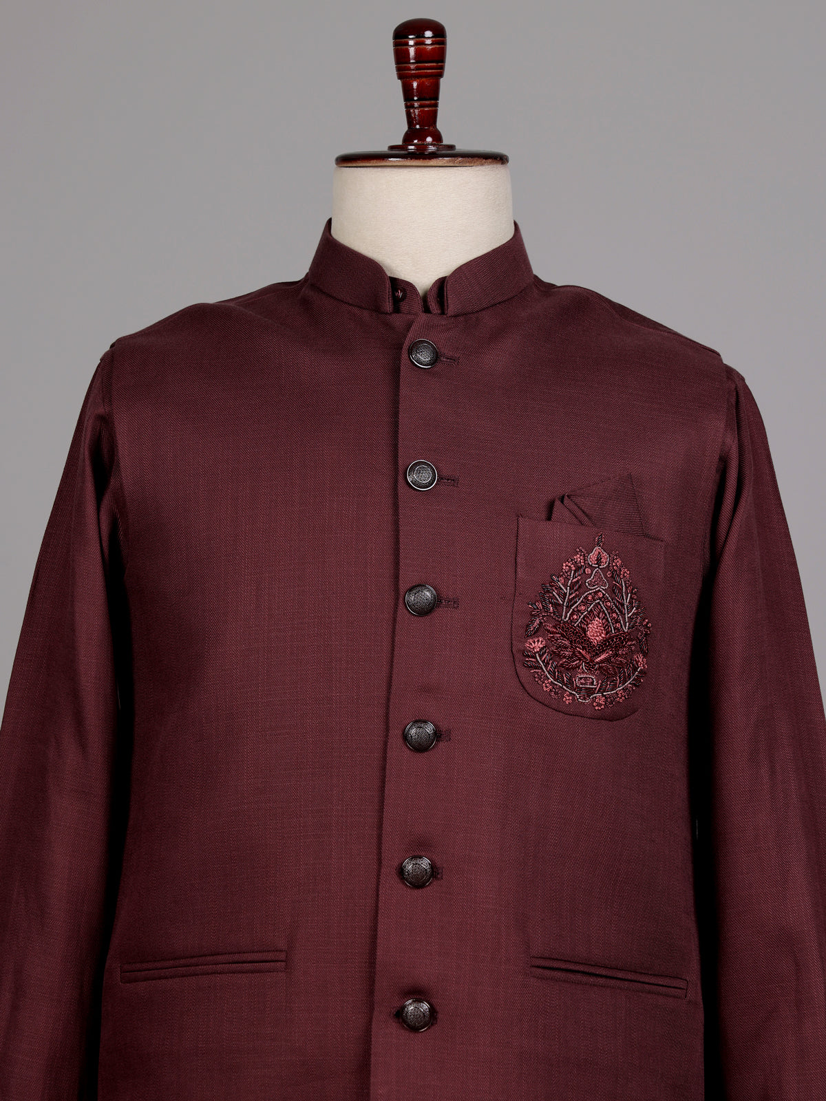 Deep maroon plum Nehru waistcoat set with floral crest