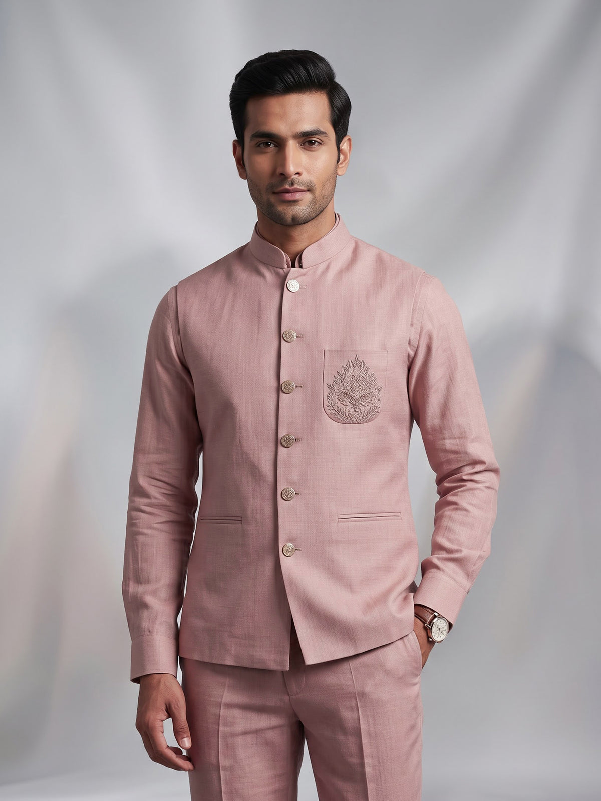 Dusty rose pink waistcoat set with zardozi medallion crest
