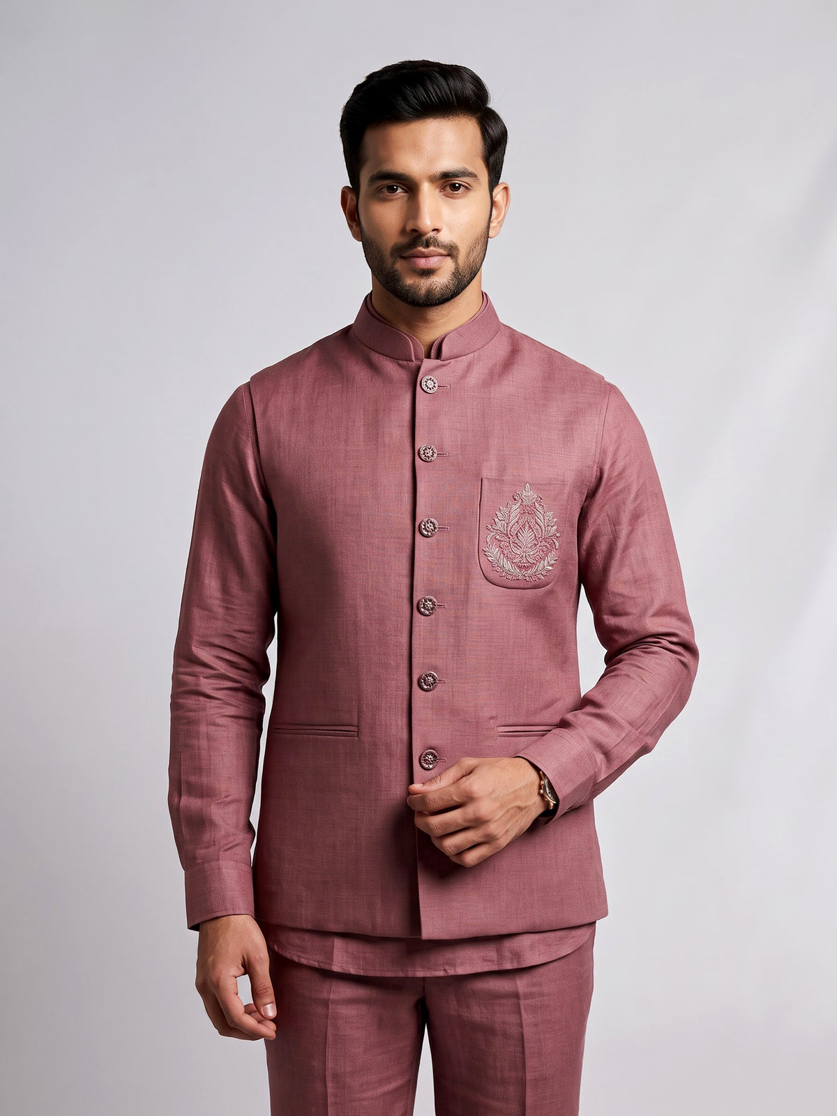 Dusty mauve wine bandhgala waistcoat set with embroidered crest