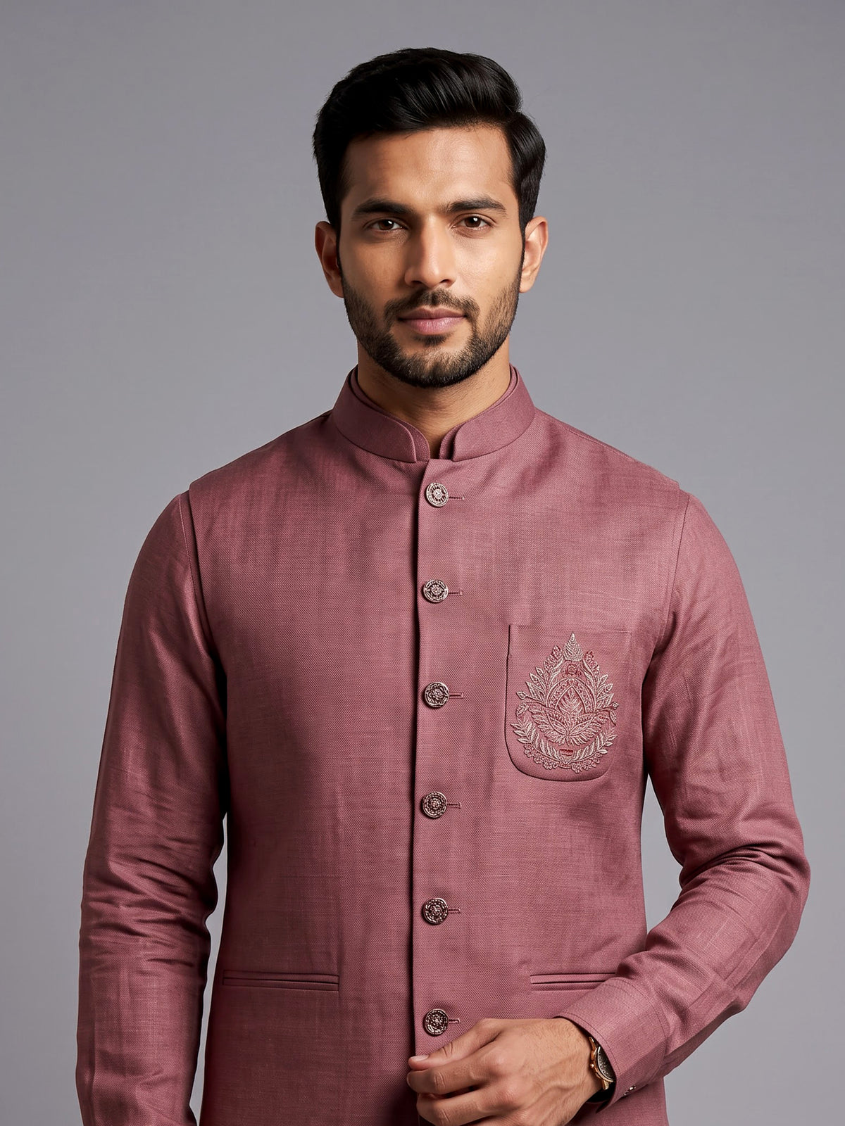 Dusty mauve wine bandhgala waistcoat set with embroidered crest