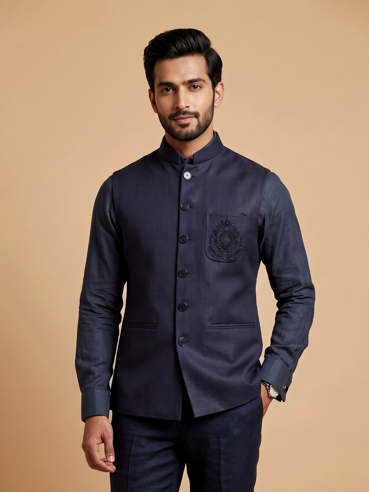 Midnight navy Nehru waistcoat set with royal crest embroidery