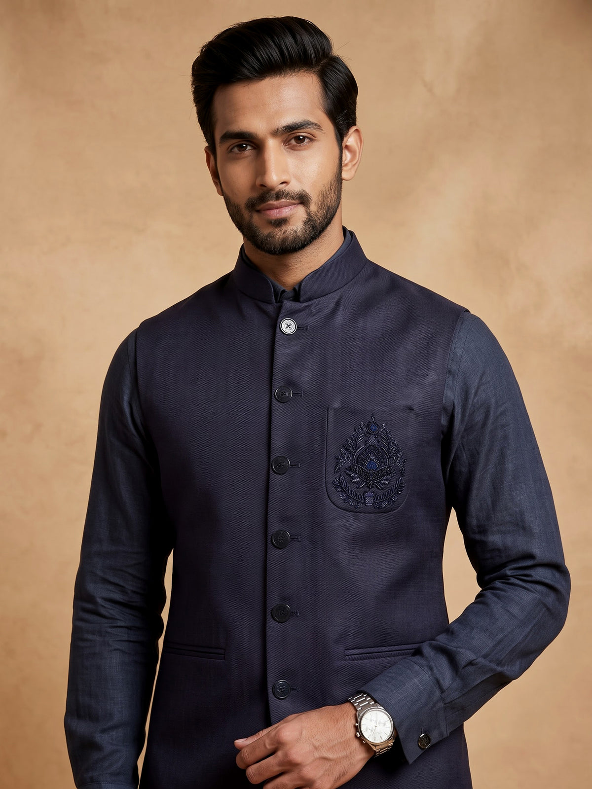 Midnight navy Nehru waistcoat set with royal crest embroidery