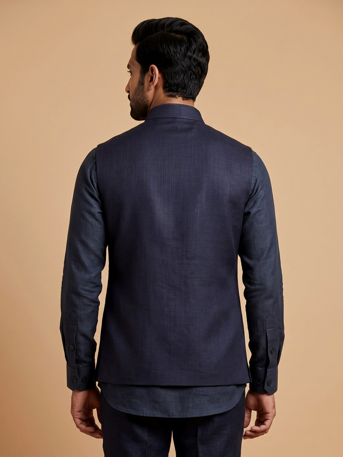 Midnight navy Nehru waistcoat set with royal crest embroidery