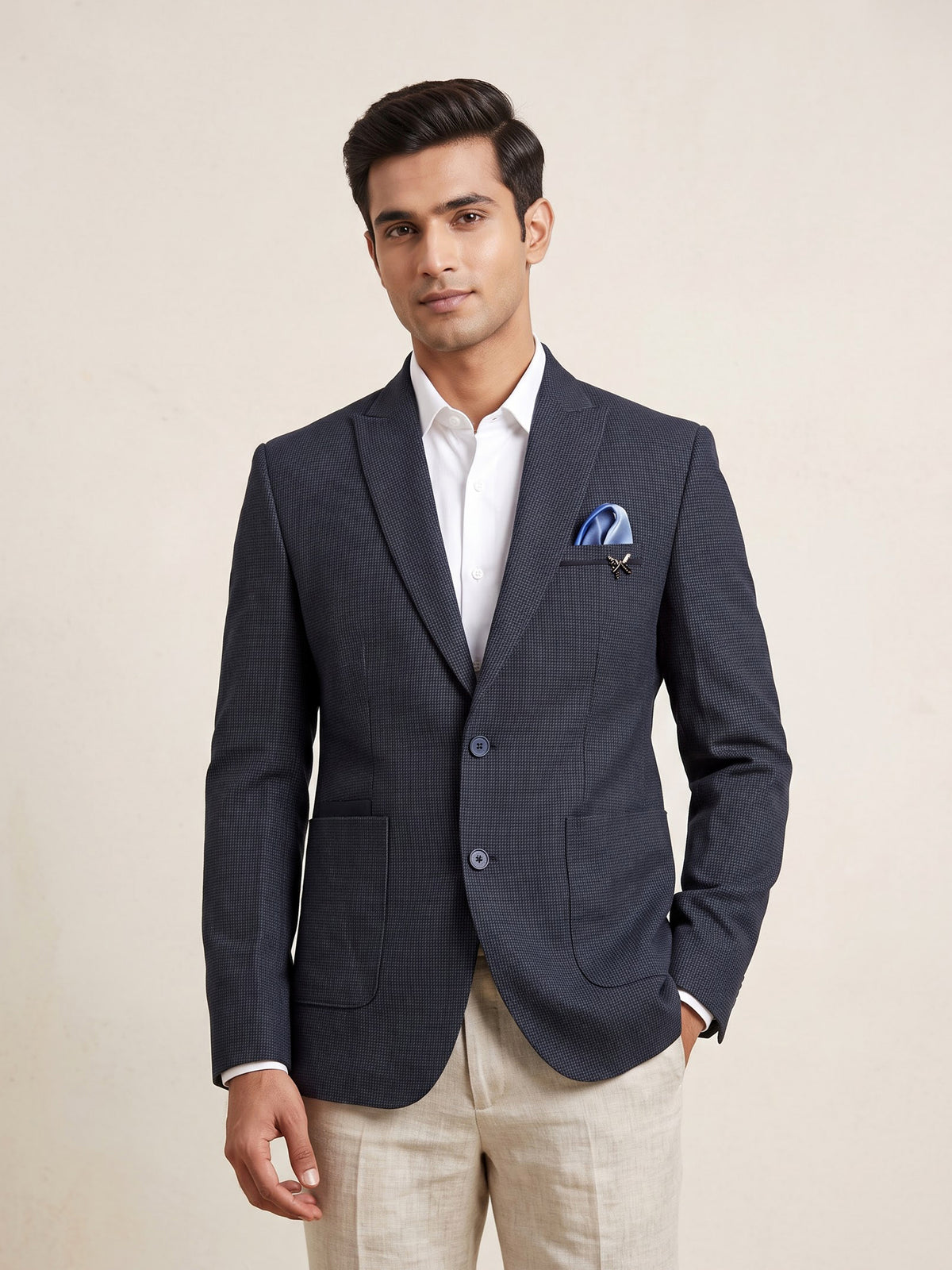 Deep navy micro knit textured single breasted blazer