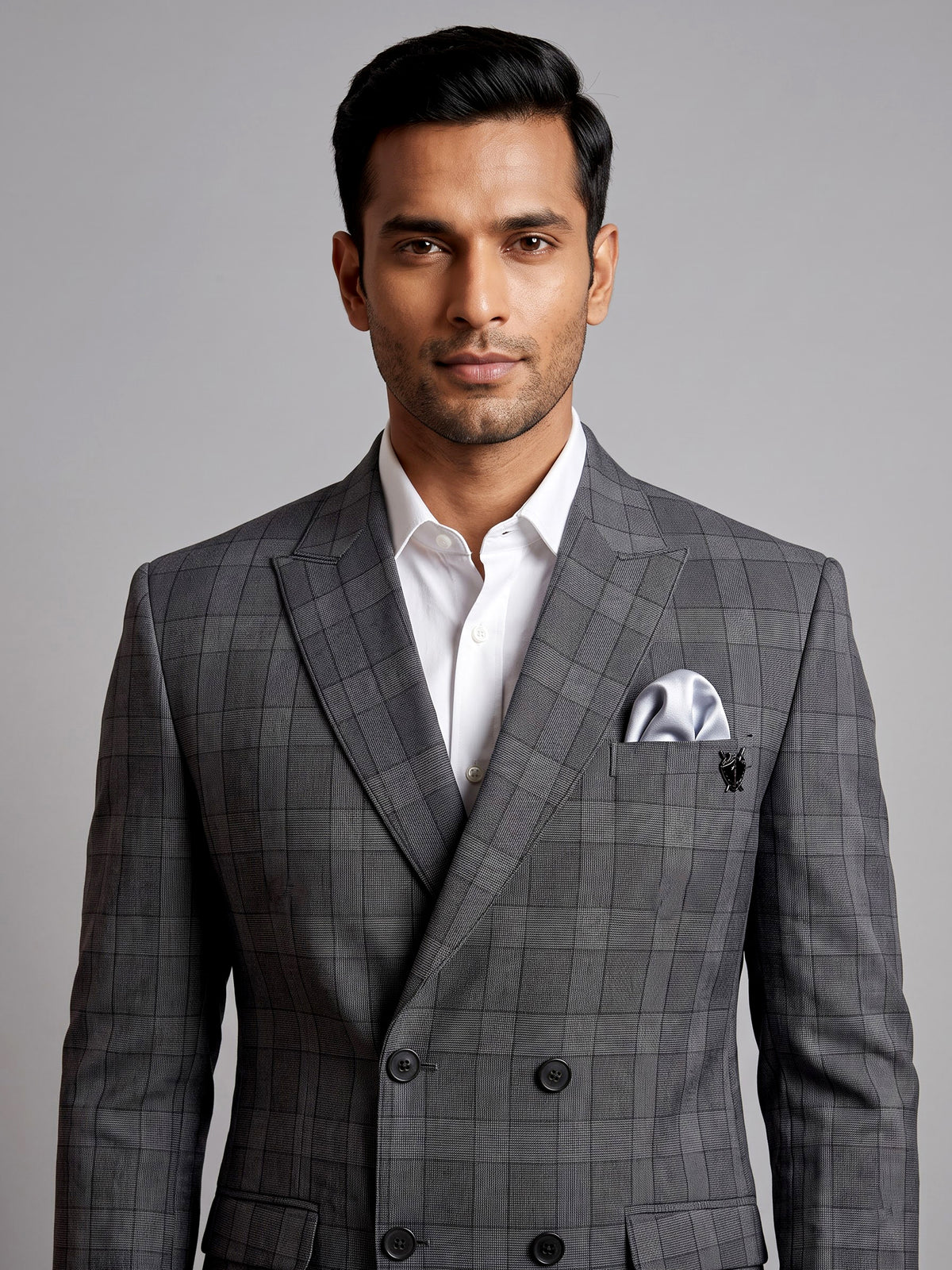 Charcoal grey glen plaid double breasted tailored blazer