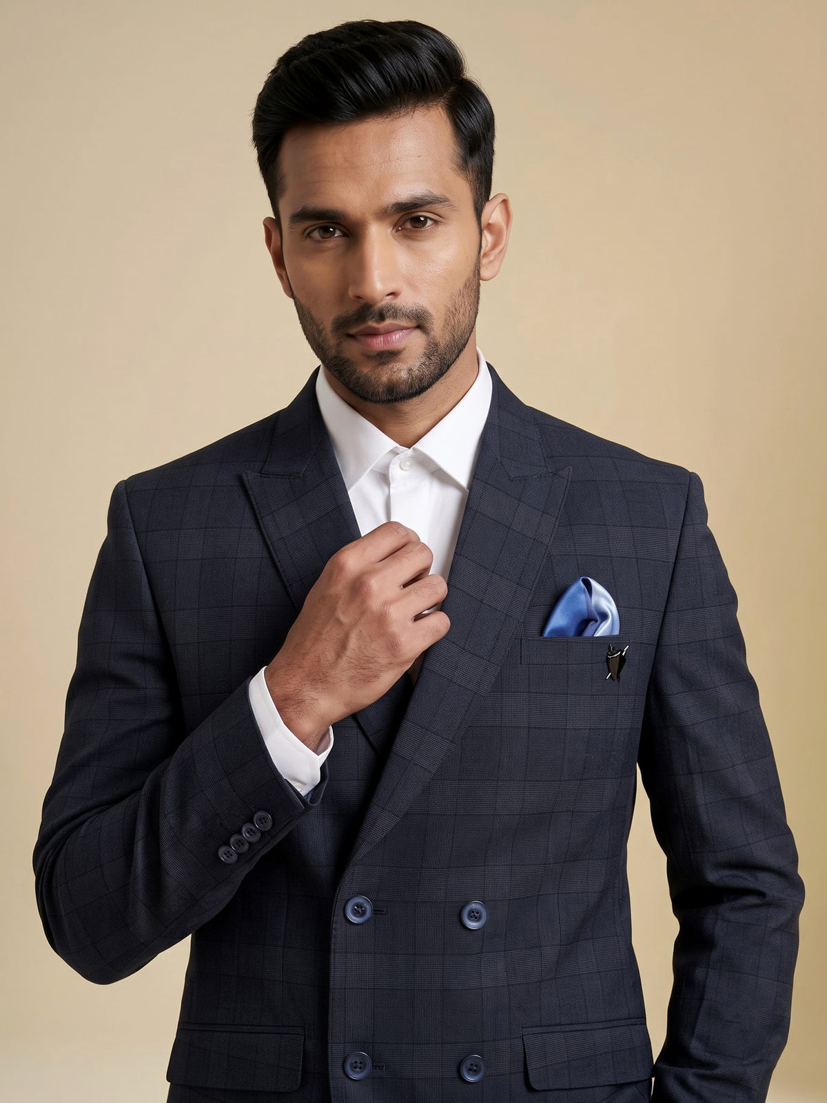 Midnight navy textured self weave double breasted blazer