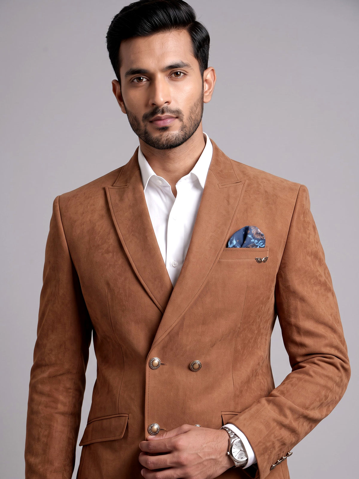 Tan brown suede finish double breasted tailored blazer