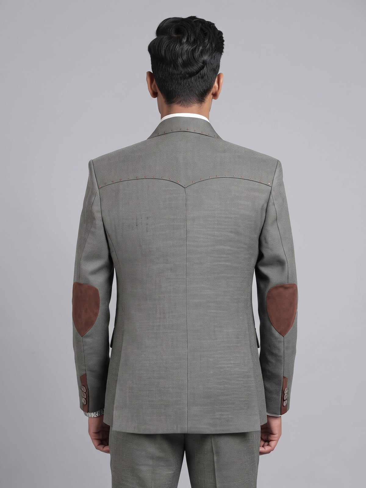 Classic grey herringbone pick stitched single breasted blazer