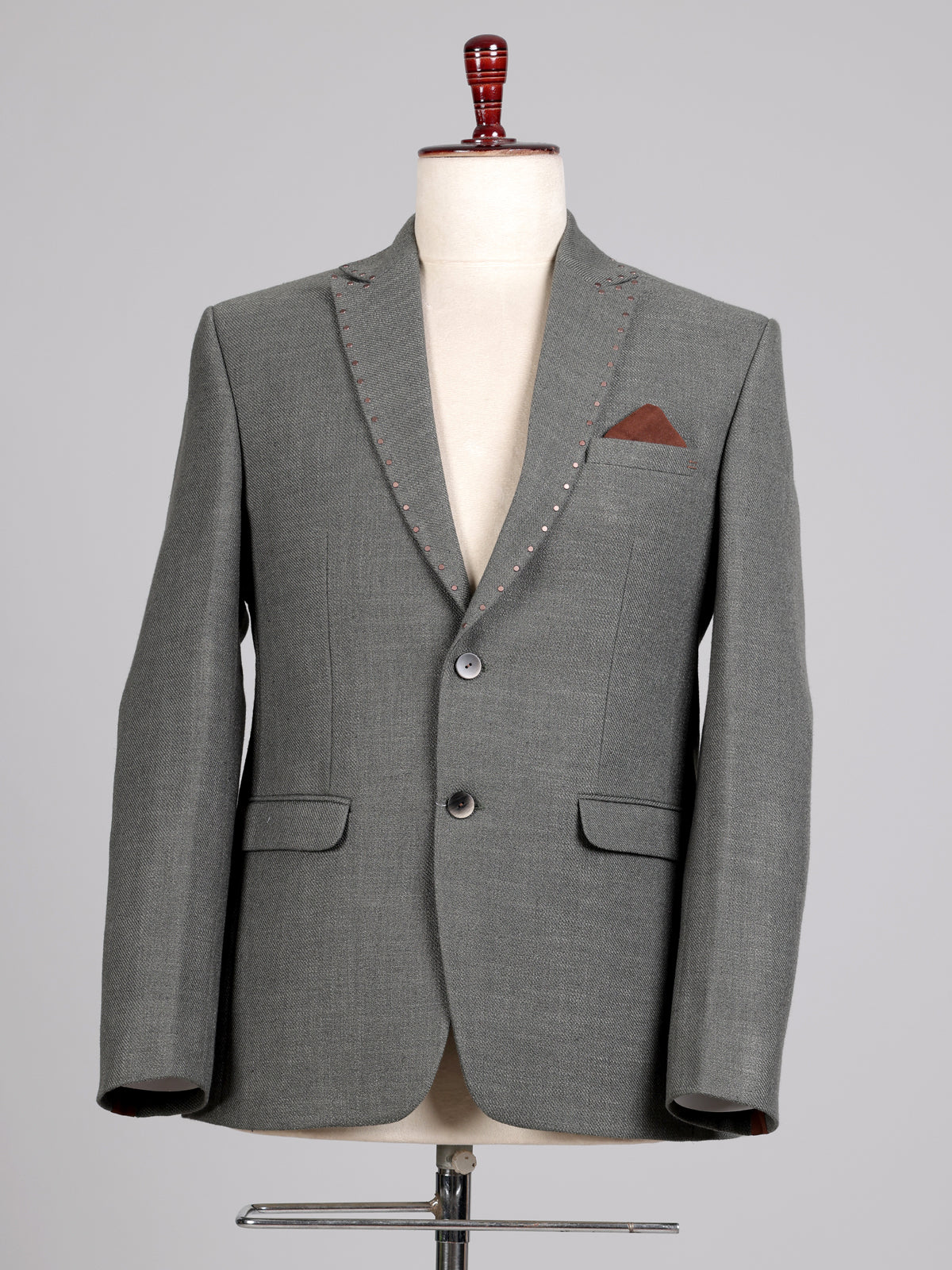 Classic grey herringbone pick stitched single breasted blazer