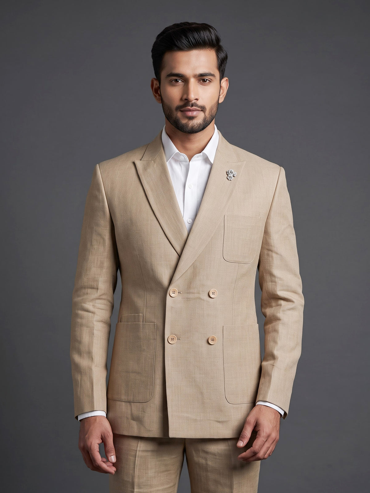 Elegant beige fine textured double breasted party blazer