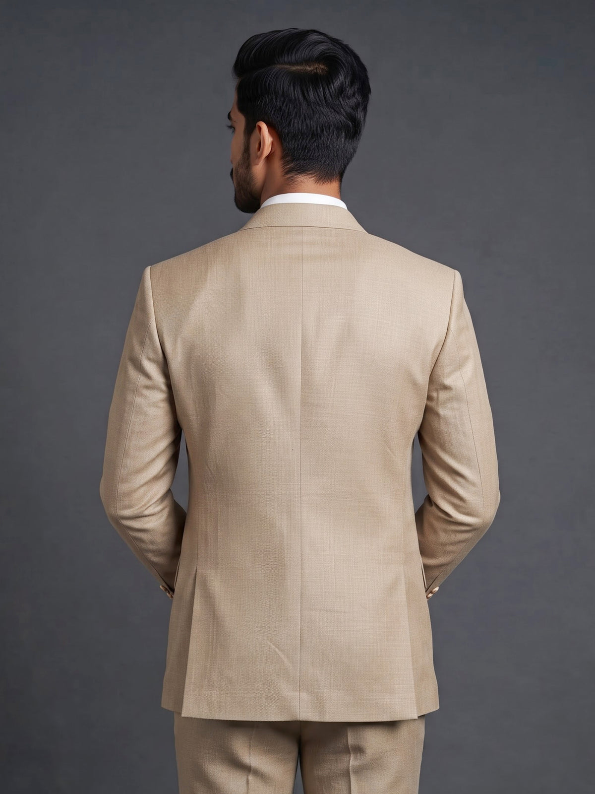 Elegant beige fine textured double breasted party blazer