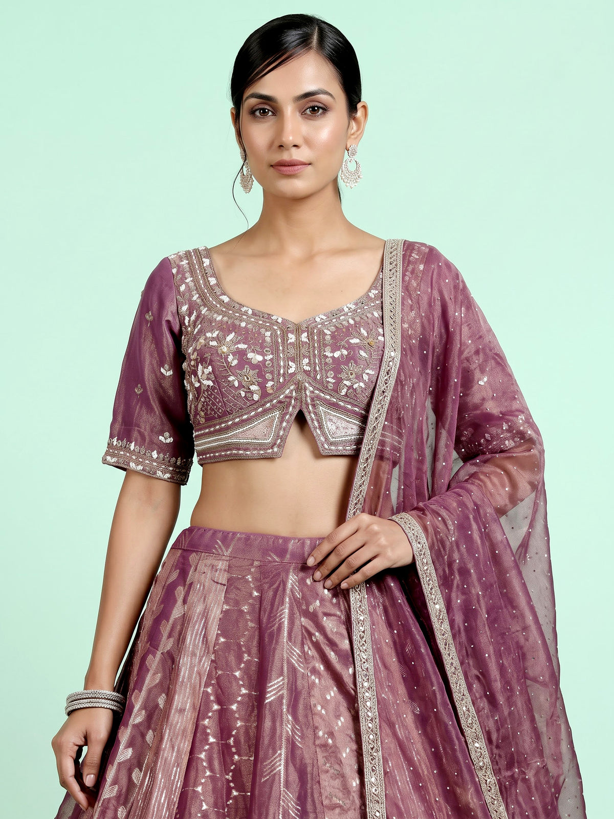 Purple banarasi tissue silk designer lehenga with embellished dupatta