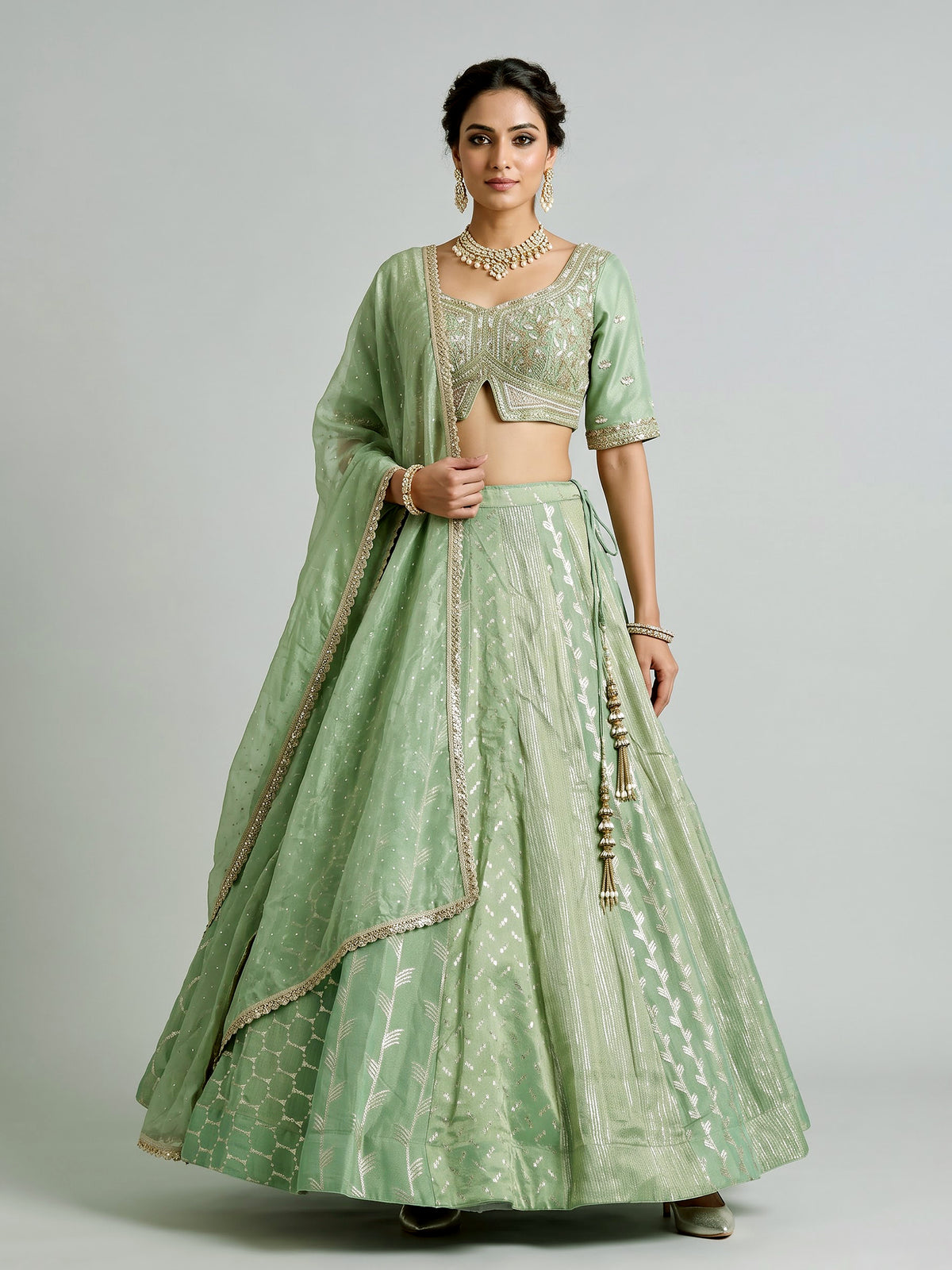 Pista green banarasi tissue silk designer lehenga with dupatta