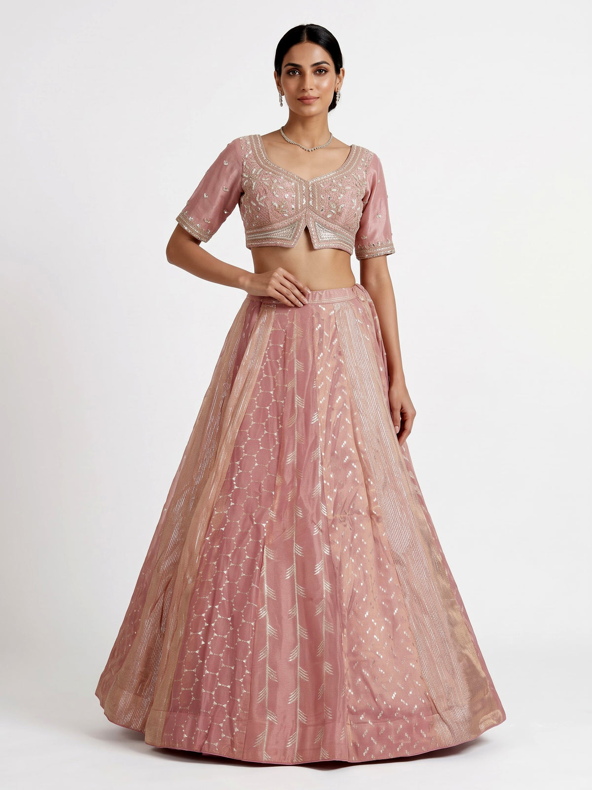 Onion pink banarasi tissue silk designer lehenga with dupatta