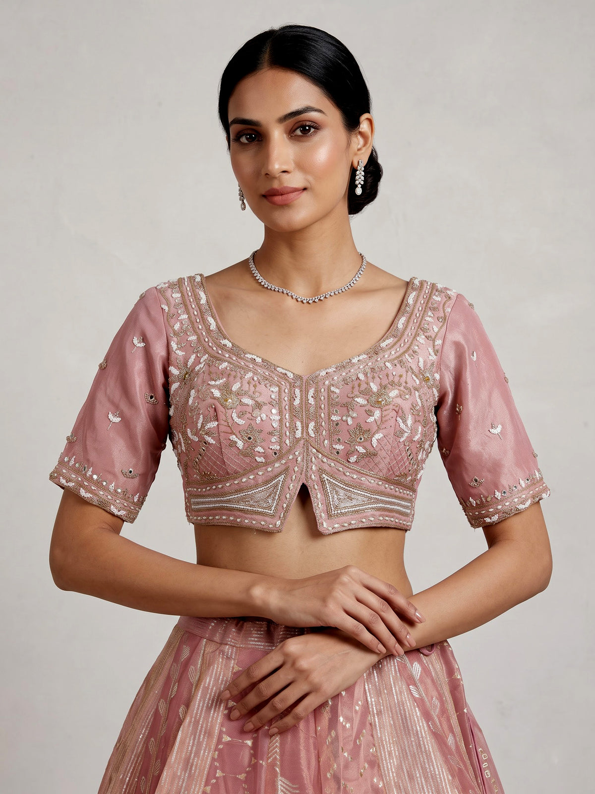 Onion pink banarasi tissue silk designer lehenga with dupatta