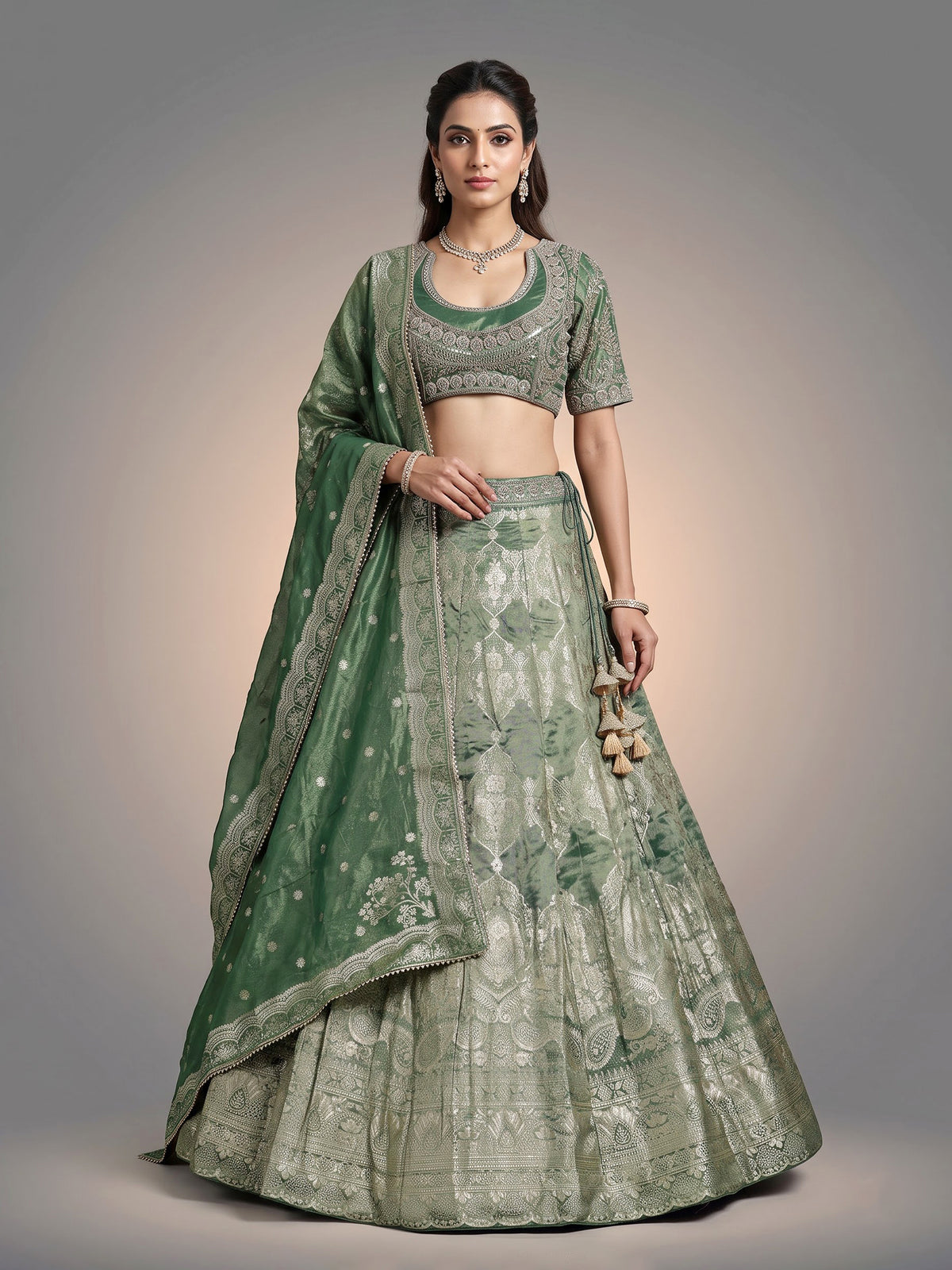 Mehendi green banarasi silk lehenga choli with embellished dupatta