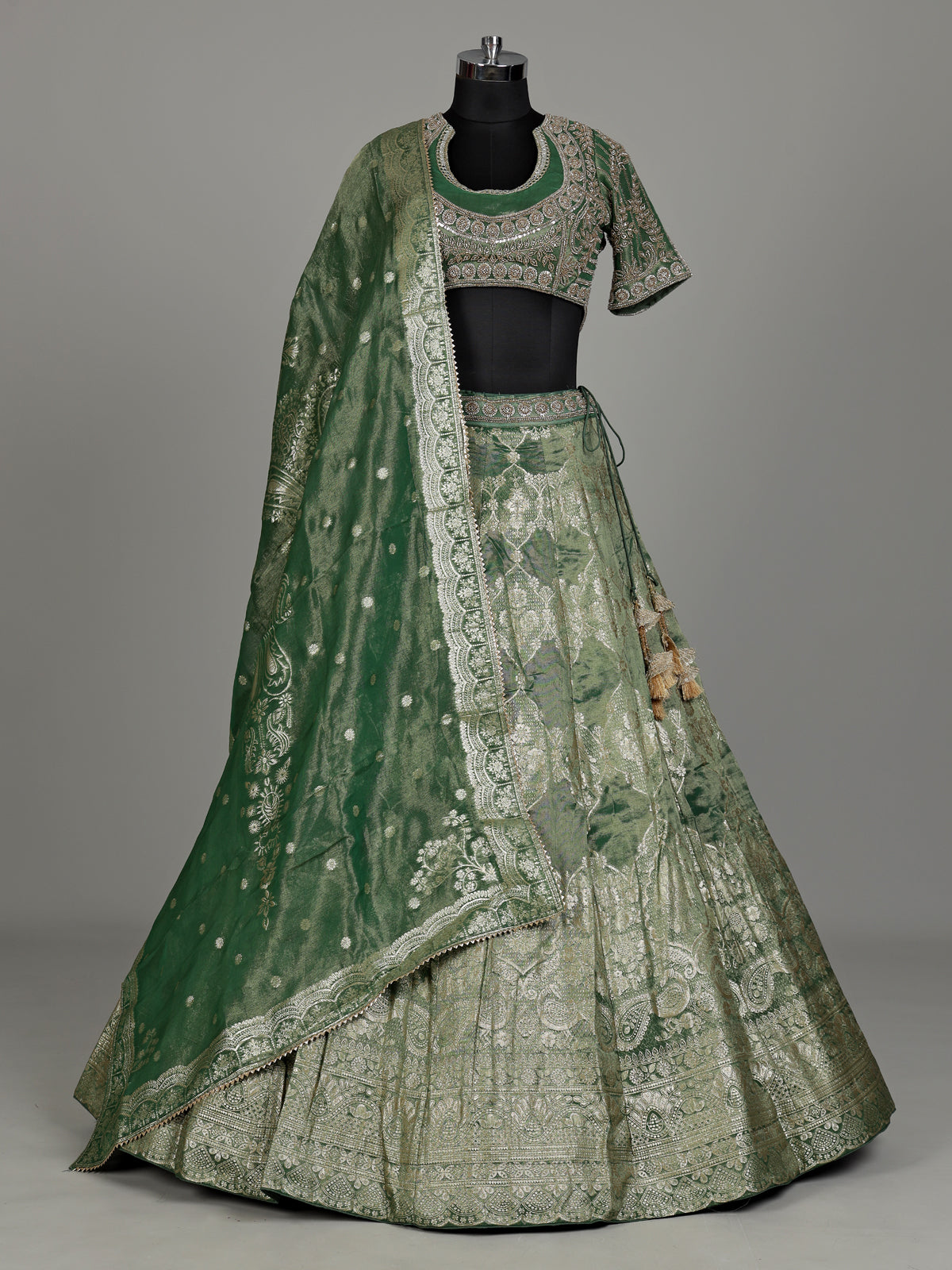 Mehendi green banarasi silk lehenga choli with embellished dupatta