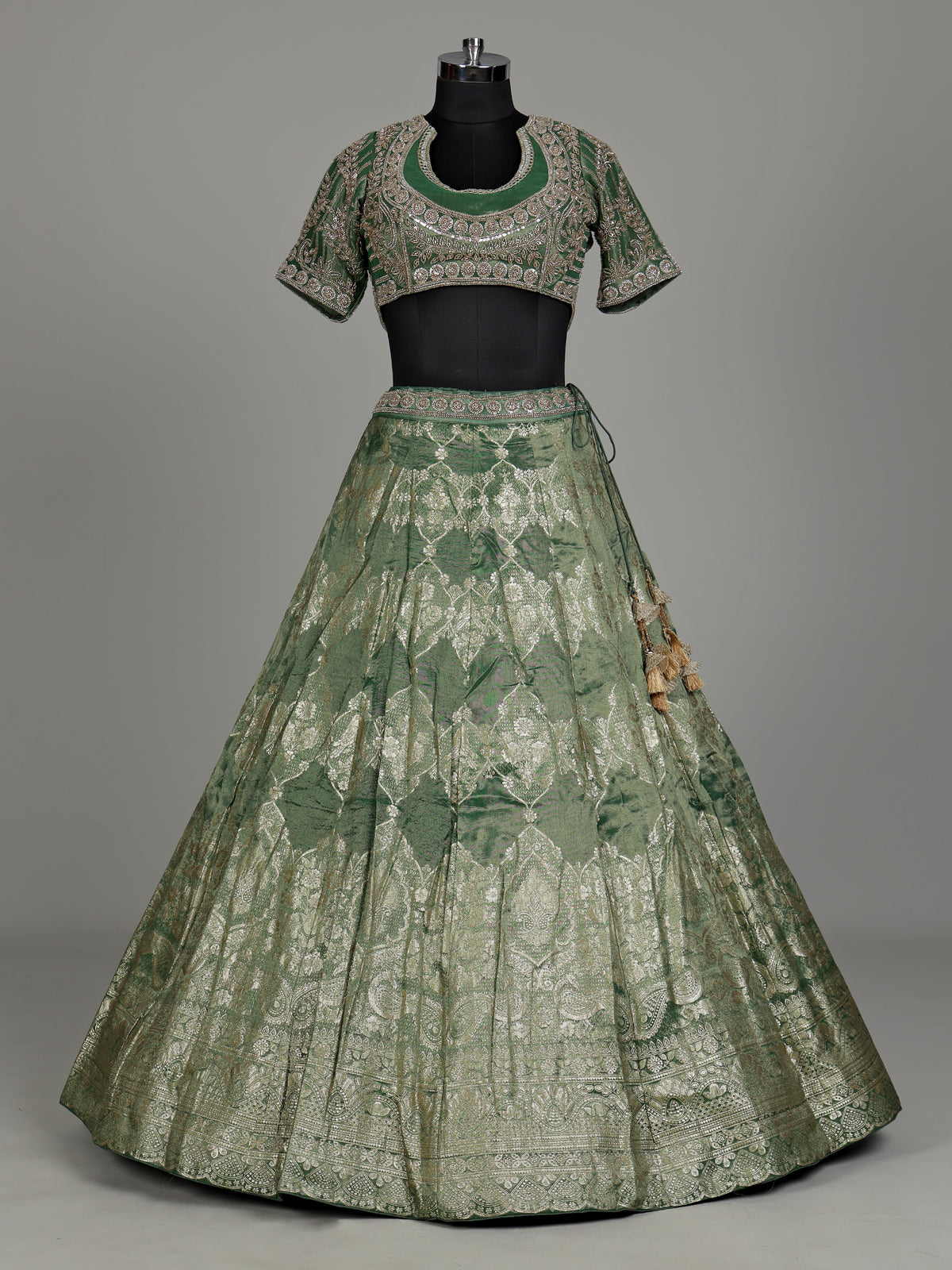 Mehendi green banarasi silk lehenga choli with embellished dupatta
