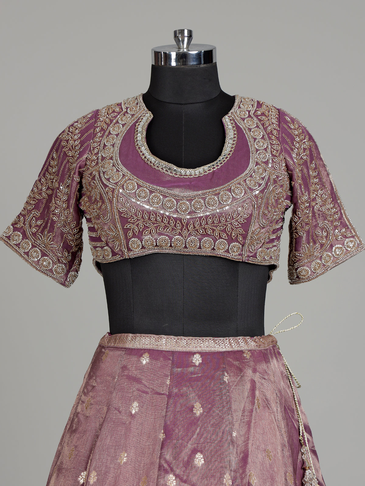Purple banarasi silk lehenga choli with zari and mirror embellishments