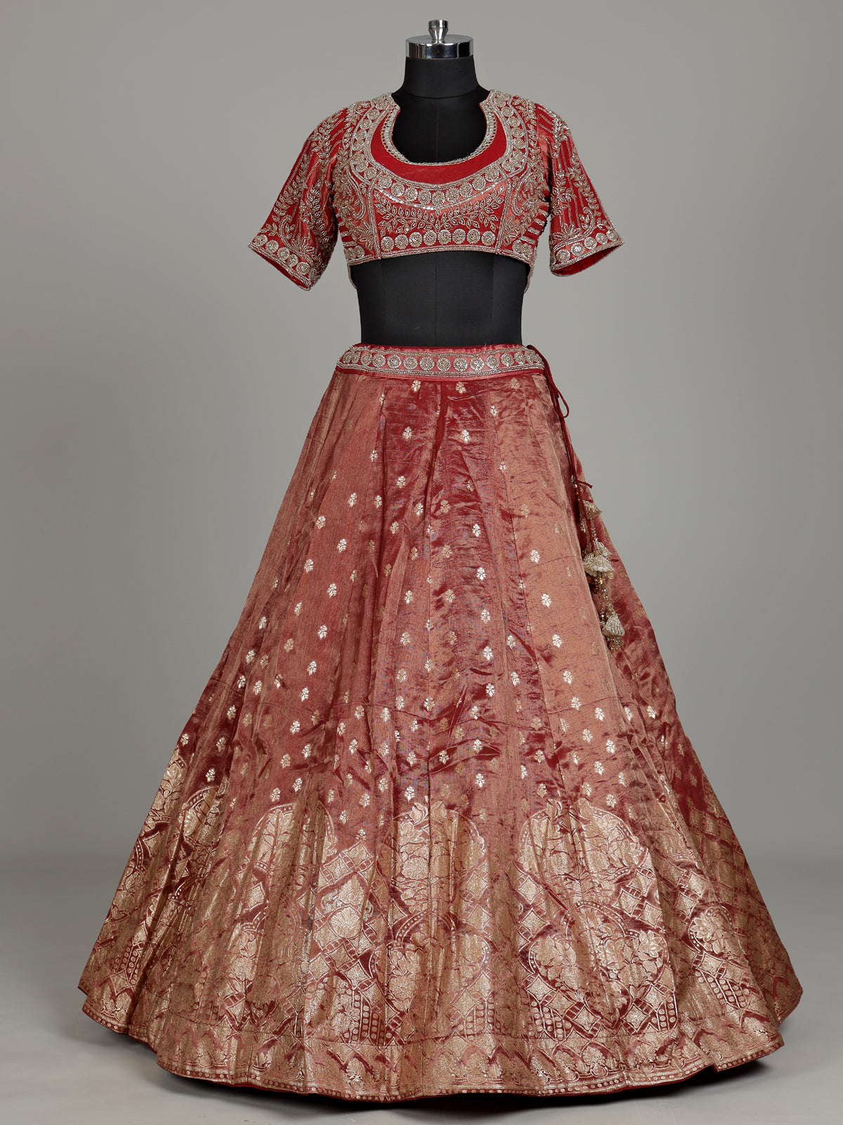 Red banarasi silk lehenga choli with sparkling embellished dupatta