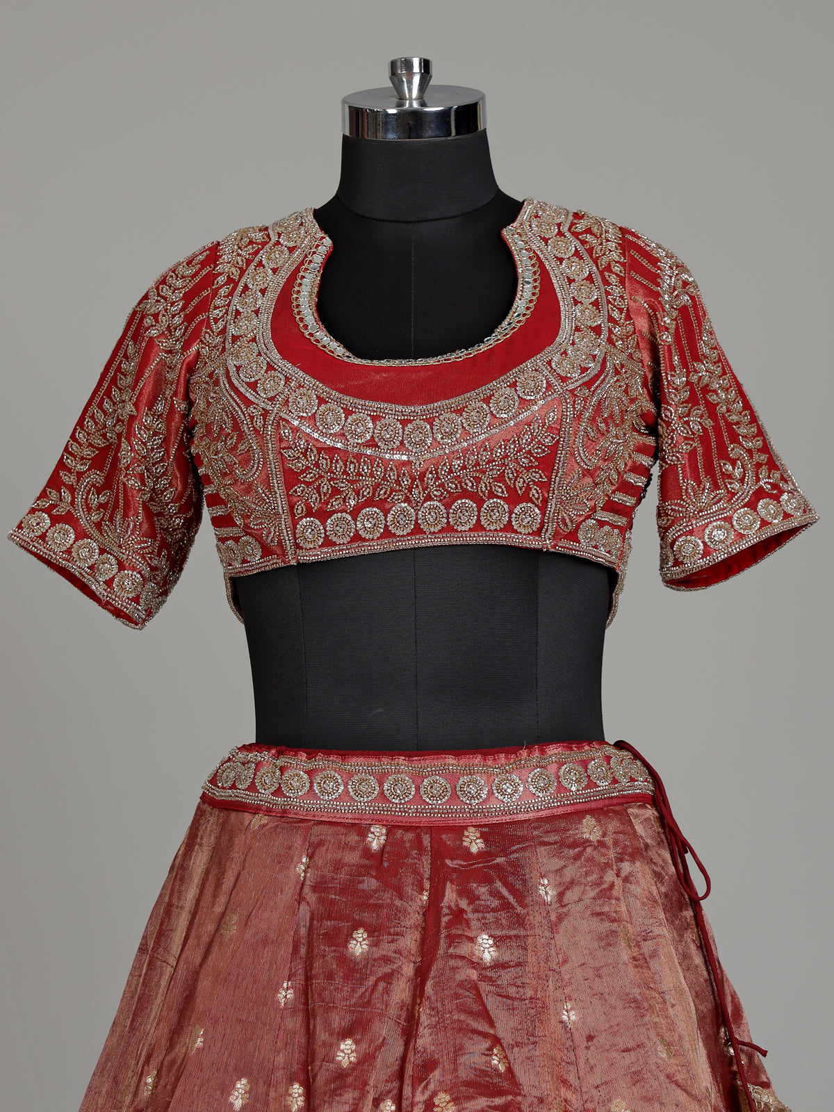 Red banarasi silk lehenga choli with sparkling embellished dupatta