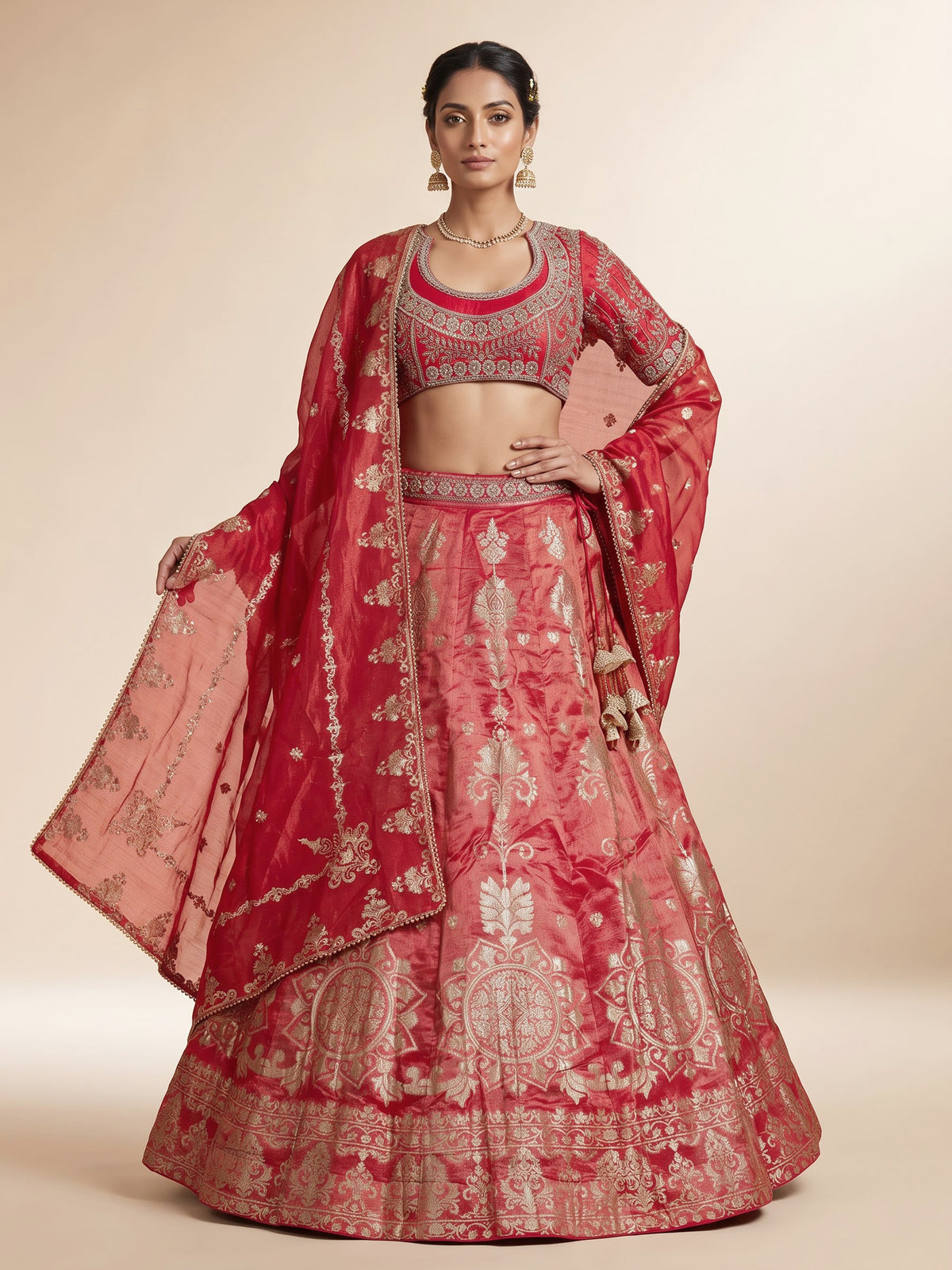 Rani pink banarasi silk lehenga choli with embellished dupatta
