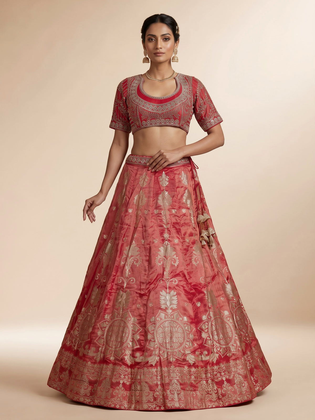 Rani pink banarasi silk lehenga choli with embellished dupatta