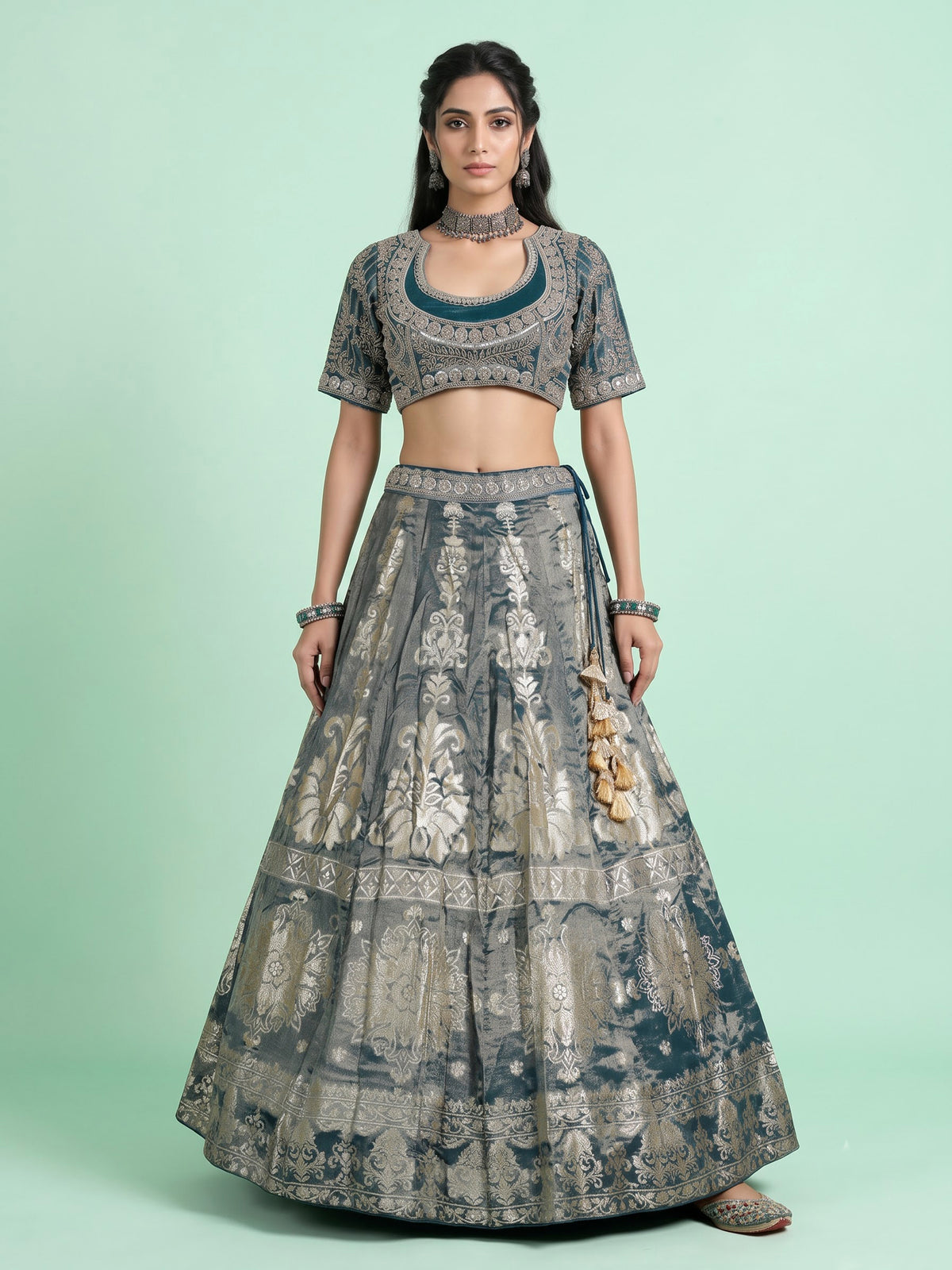 Teal blue banarasi silk lehenga choli with embellished dupatta