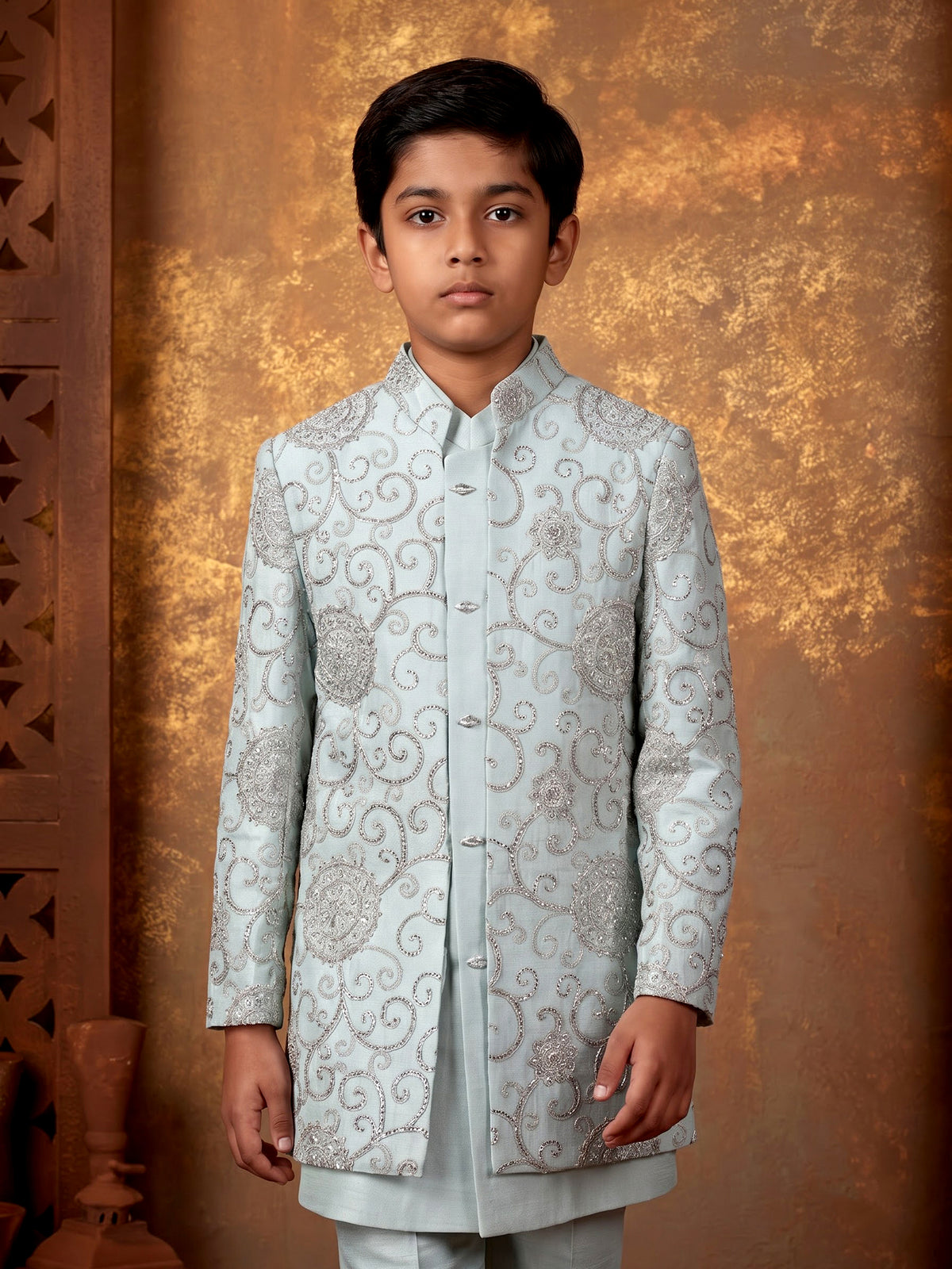 Mint green boys Indo-western jacket suit with metallic embroidery