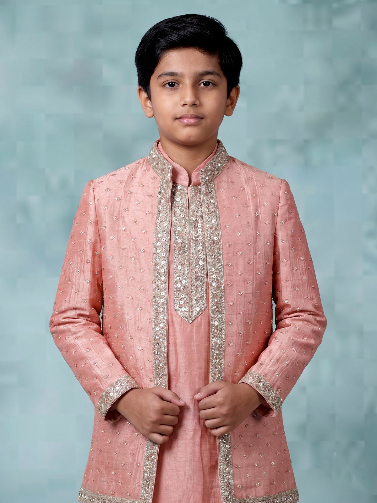 Dusty peach boys Indo-western set with zari floral detailing