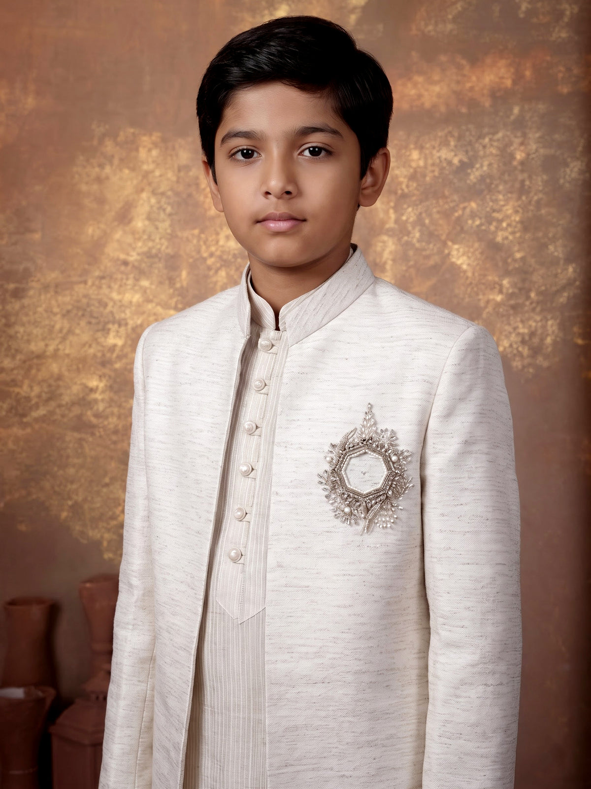 Cream boys Indo-western set with royal crest embroidery