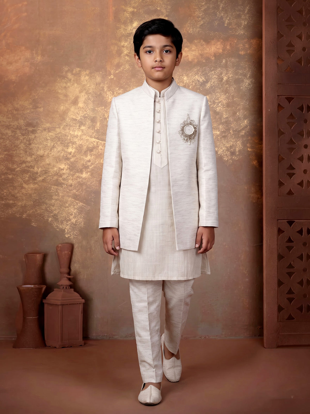 Cream boys Indo-western set with royal crest embroidery